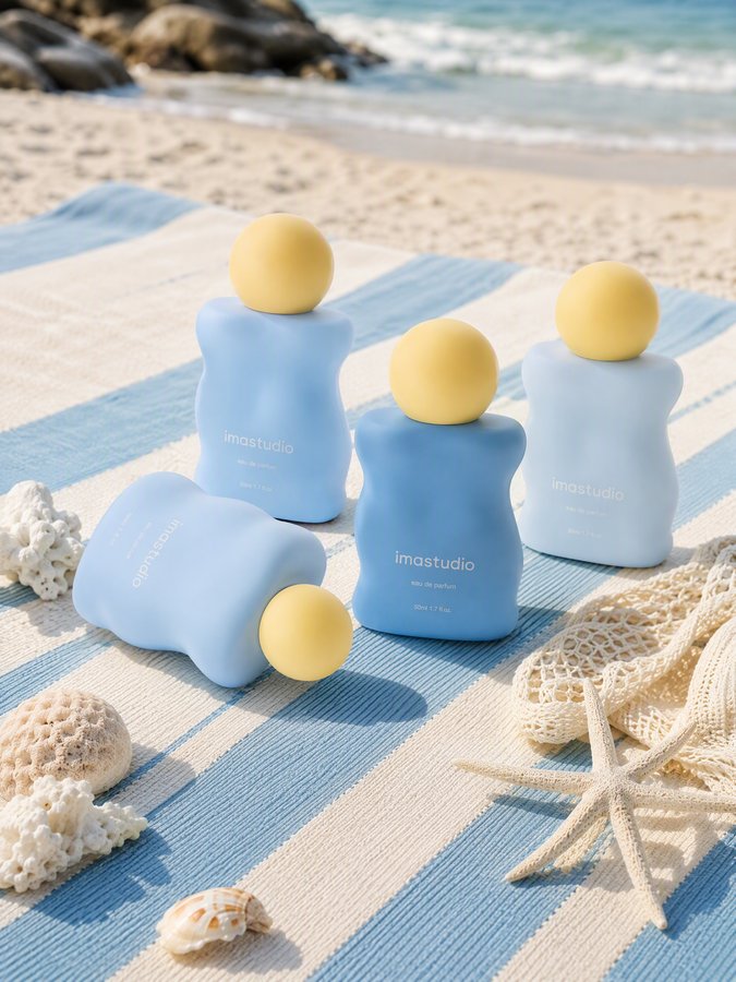 AI-generated product image of blue perfume bottles with yellow caps on a striped beach towel