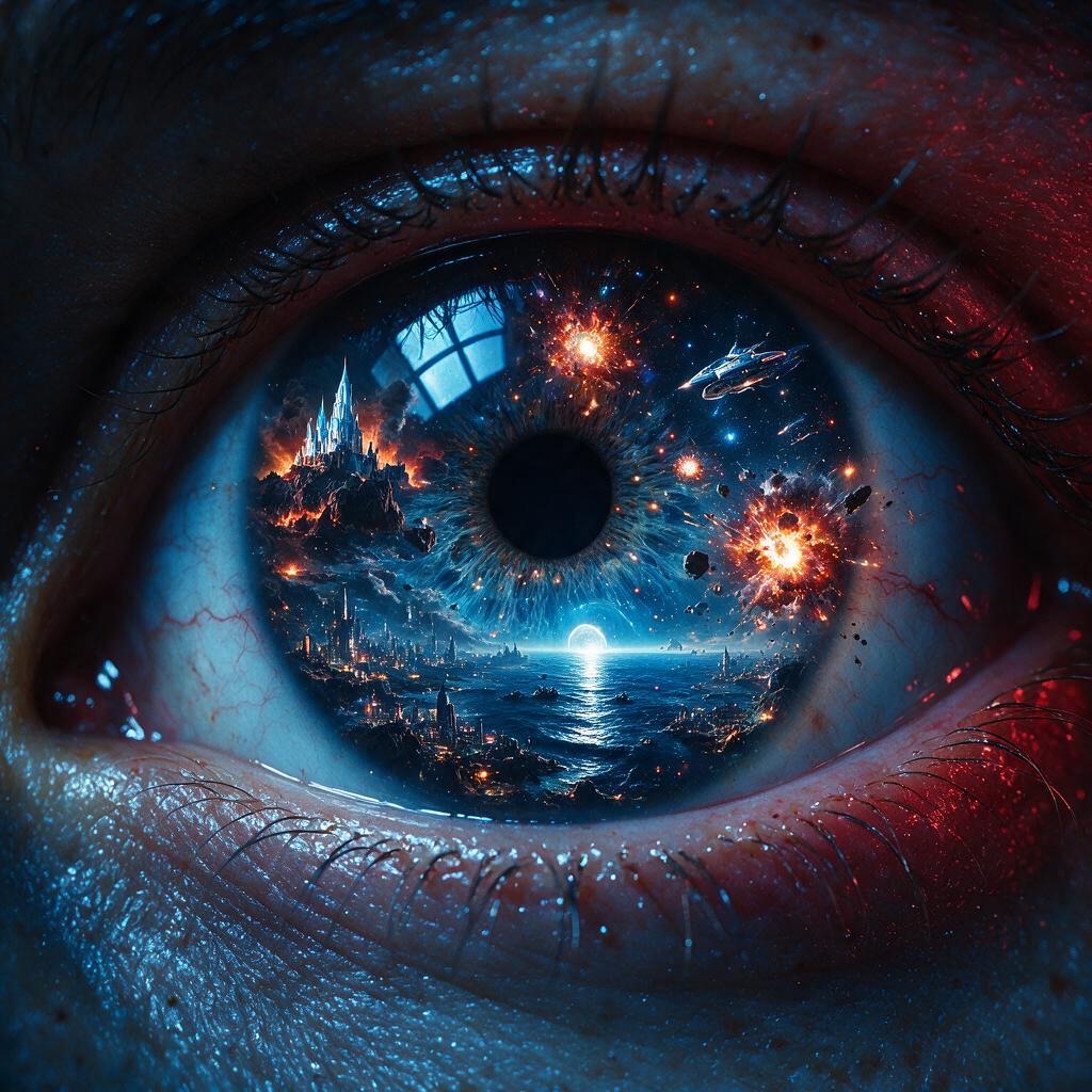 Close-up eye reflecting a blue fantasy landscape with a castle and light effects