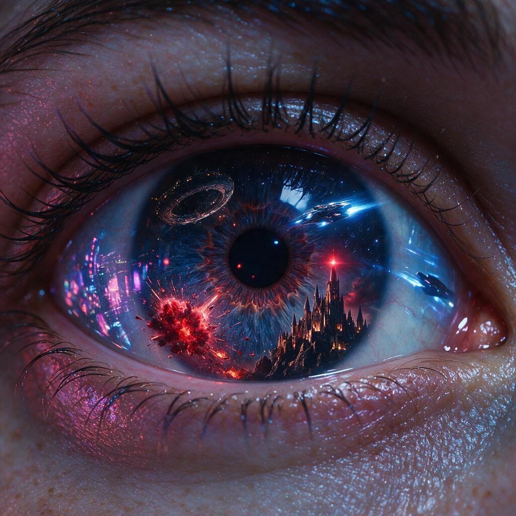Close-up eye reflecting a futuristic city and cosmic landscape