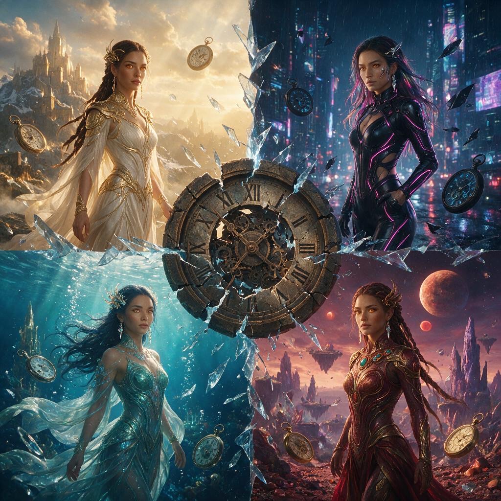AI-generated fantasy and futuristic character worlds arranged around a broken clock