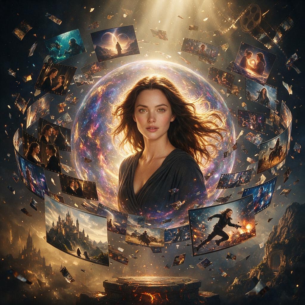 Woman standing inside a glowing sphere surrounded by floating cinematic scenes