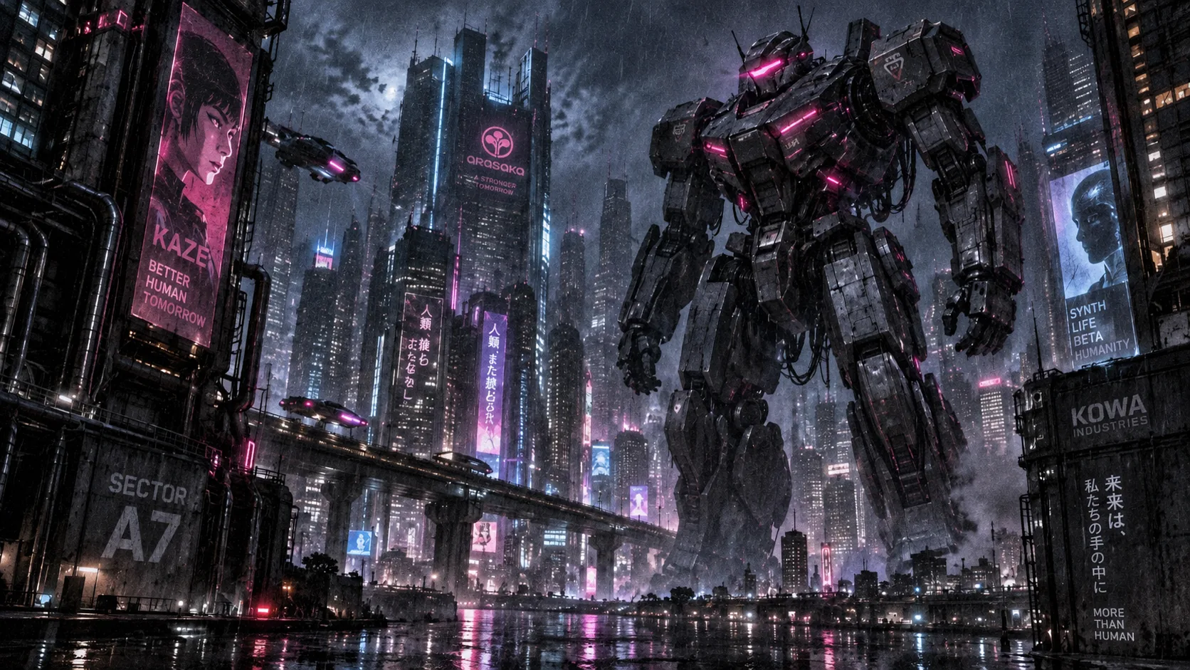 GPT Image 2.5 基線圖展示了一座雨夜霓虹閃爍的賽博龐克城市中的巨型機甲