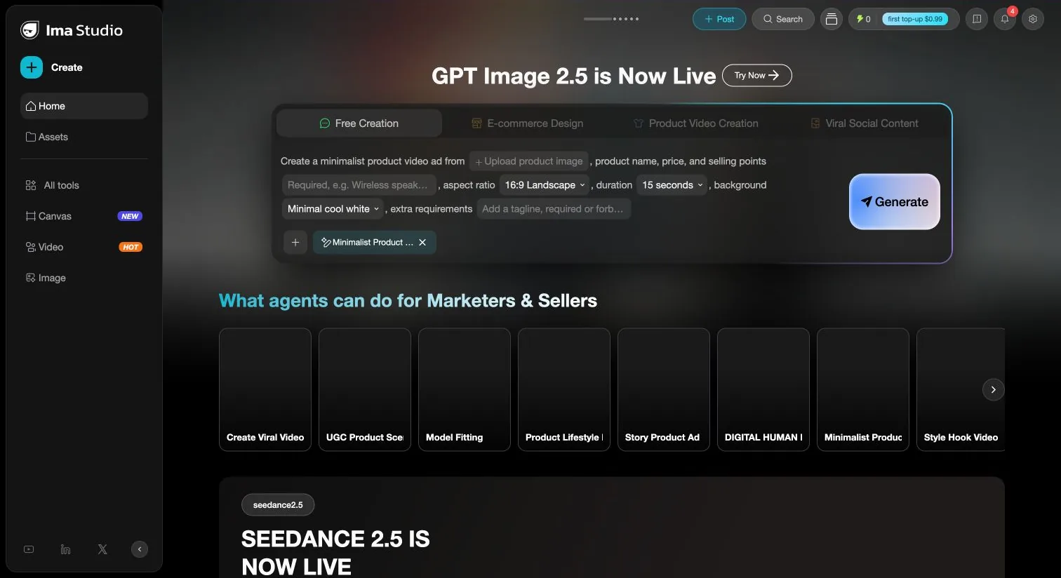 Ima Studio Minimalist Product Ad Skill input: upload product image, name, price, aspect ratio, duration, background