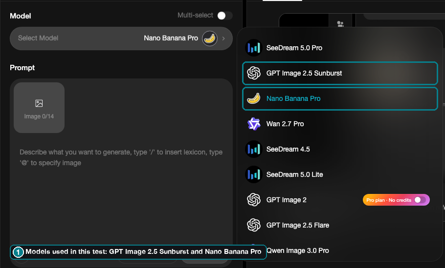 IMA Studio 模型選擇器以英文打開,列出 GPT Image 2.5 Sunburst 和 Nano Banana Pro。