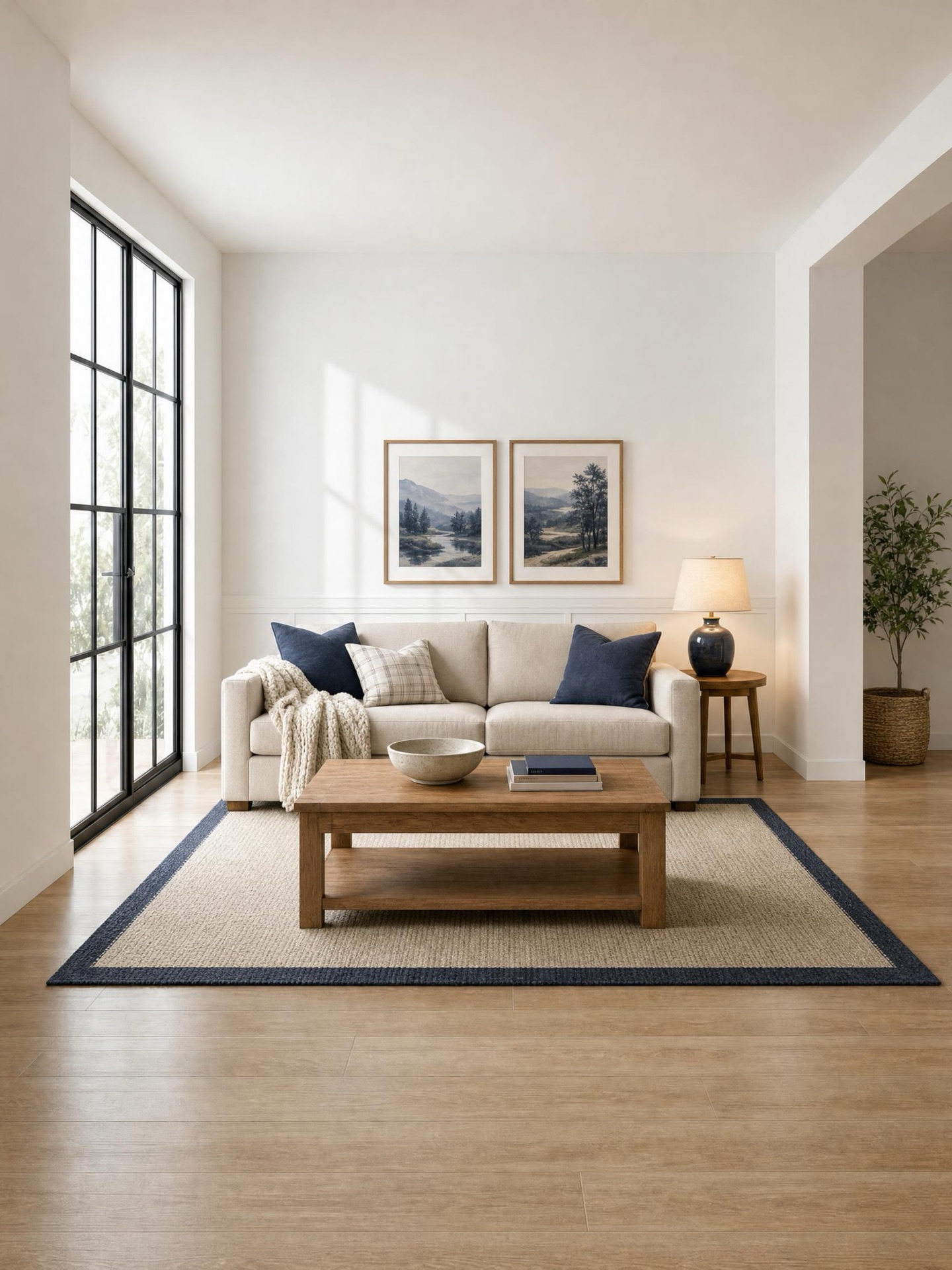 Living room in American style: cream sofa with navy cushions, light wood coffee table with a lower shelf, woven rug with a navy border, paired landscape prints and a table lamp