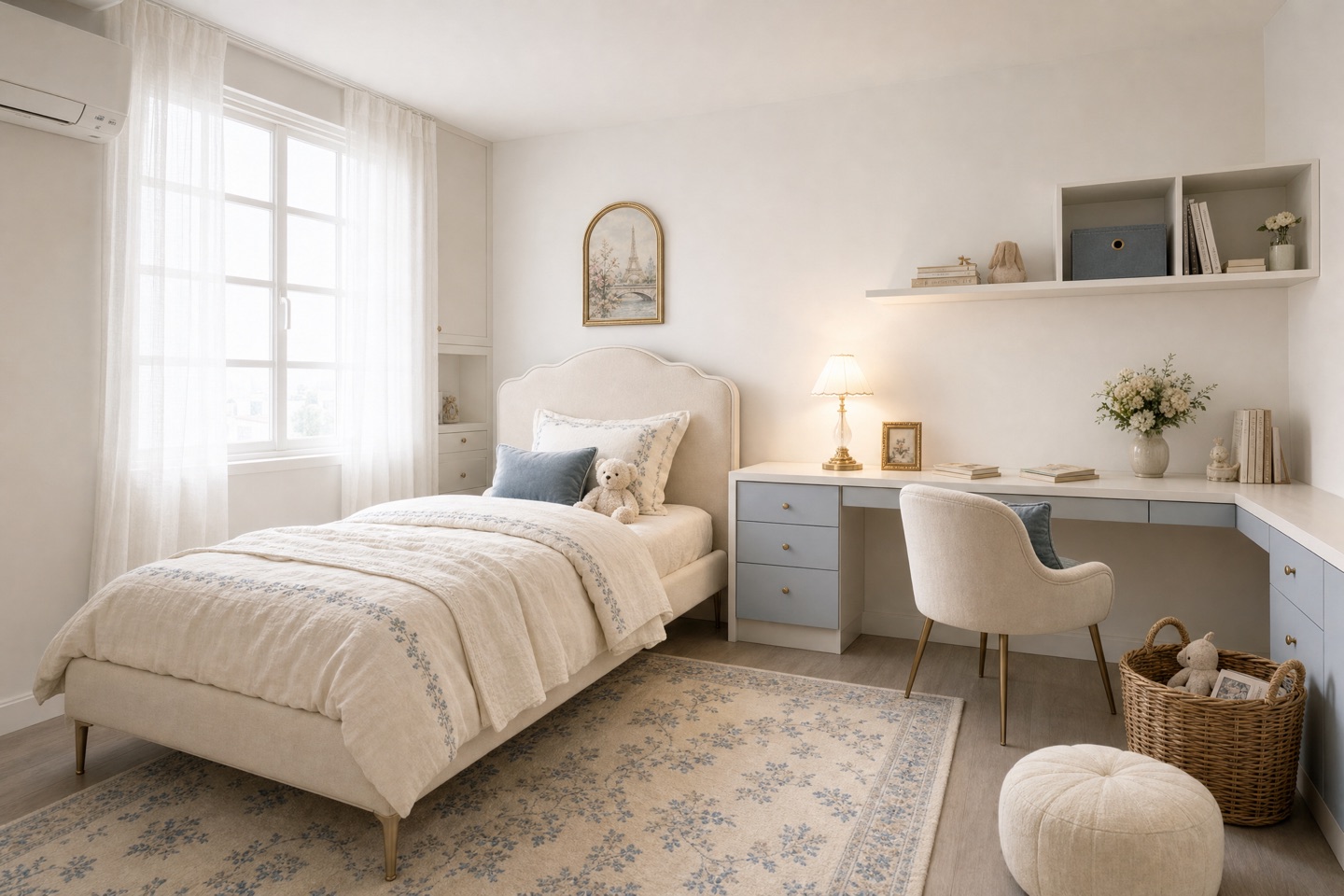 The same kids' bedroom in French style: cream scalloped-headboard bed with floral trim, blue floral rug, cream desk chair, round pouf and basket, gold-framed print; the window and camera angle differ from the original photo