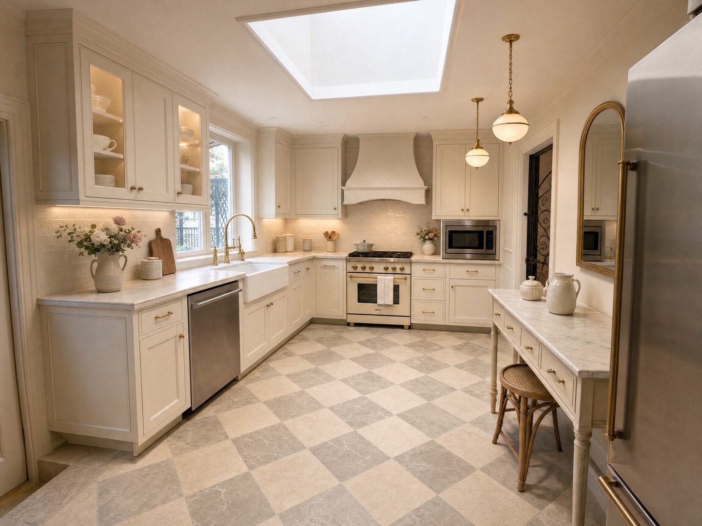 The same kitchen in French style: cream cabinets with glass-front uppers, brass pendant lamps, marble-look counters, a gold-framed mirror, flowers; the floor is now grey and cream checkered tile and the window and hood look different from the original photo