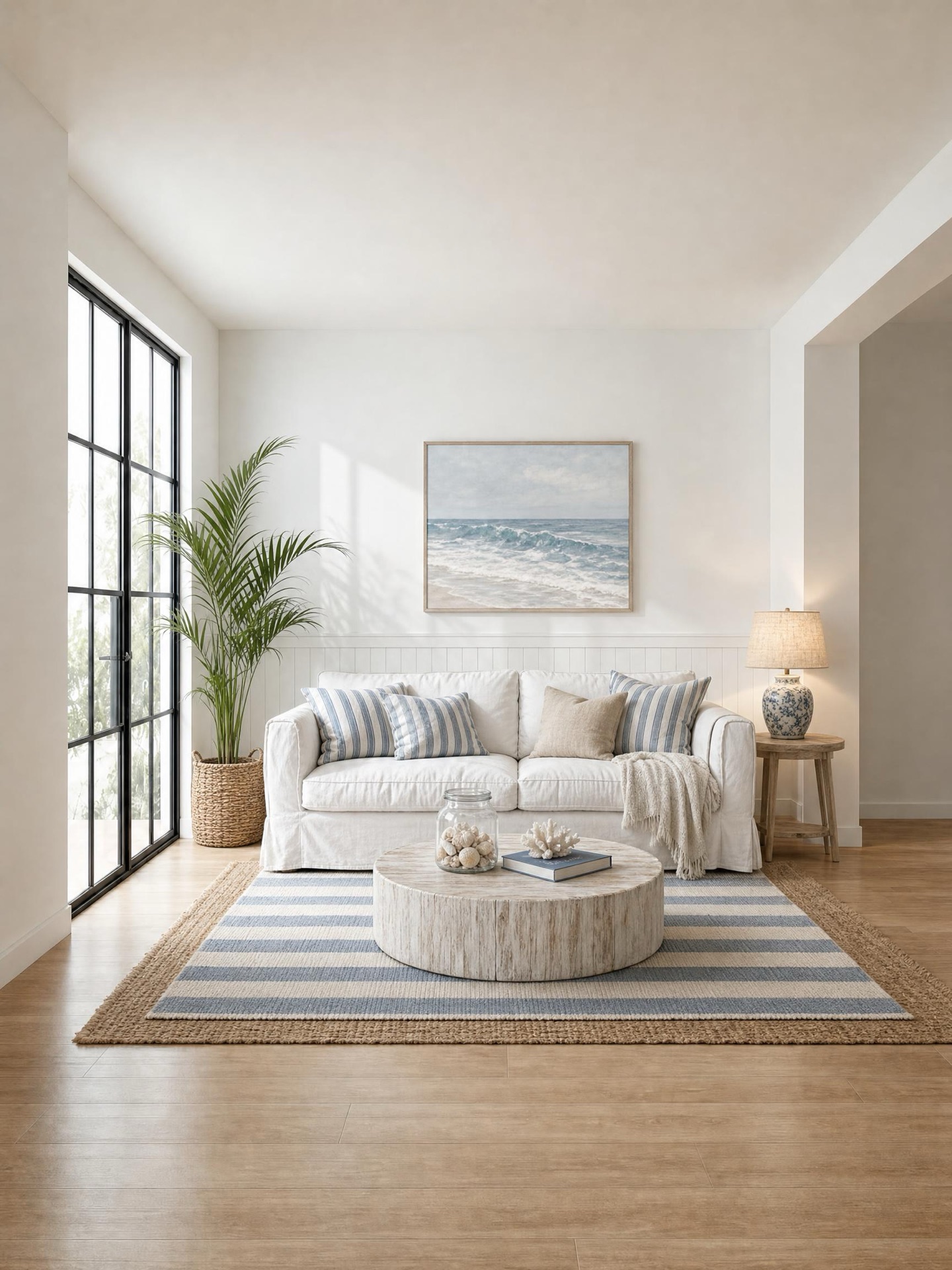 Living room in Coastal style: white slipcovered sofa with blue-striped cushions, whitewashed drum coffee table, striped rug layered over jute, a seascape print and a potted palm