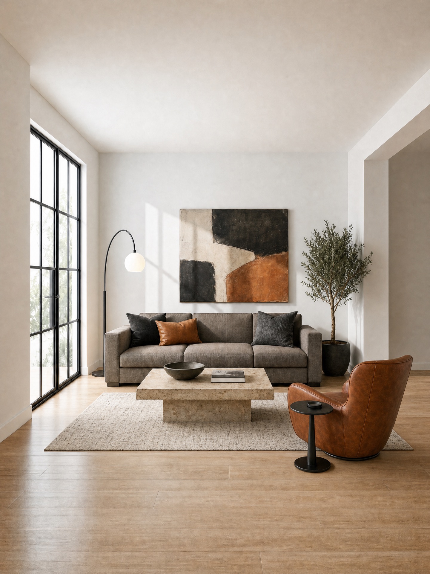 Living room in Contemporary style: grey sofa with black and rust cushions, stone-look block coffee table, rust leather swivel chair, arc floor lamp and a large abstract canvas