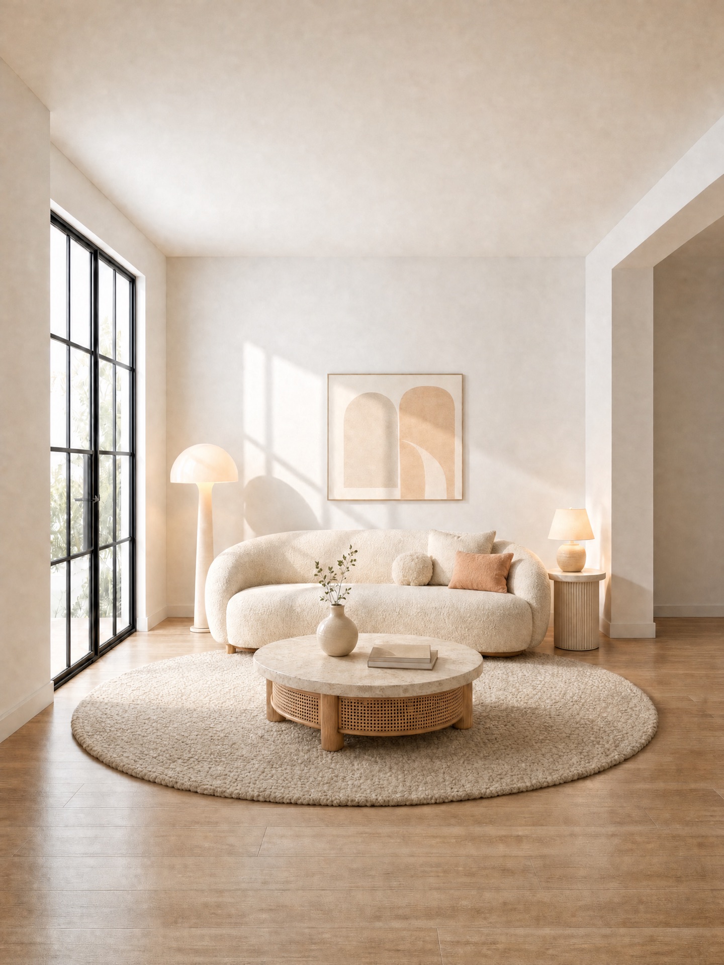 Living room in Cream style: curved boucle sofa, round coffee table with a rattan base on a round wool rug, mushroom-shaped lamps and soft arched artwork