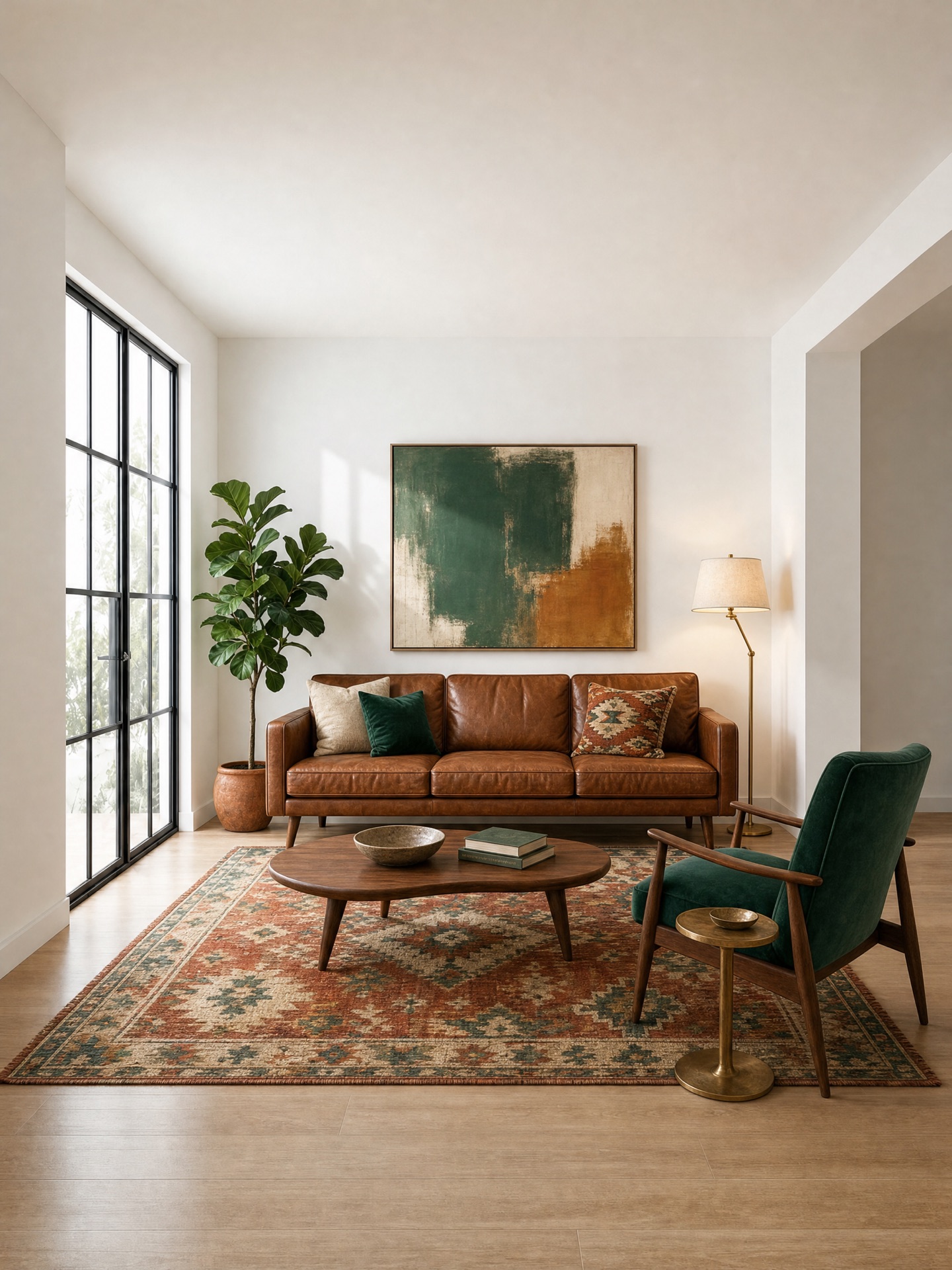 Living room in Eclectic style: tan leather sofa with green and patterned cushions, kidney-shaped coffee table, green velvet armchair, kilim-style rug and a large green and ochre abstract canvas