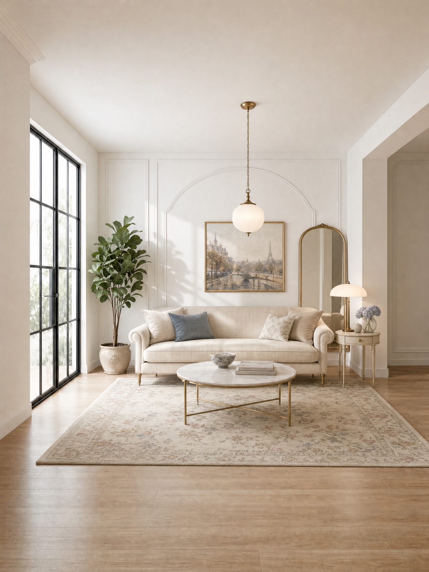 Living room in French style: cream curved-arm sofa, round marble and brass coffee table, arched wall molding with a gold-framed mirror, glass globe pendant and a floral rug