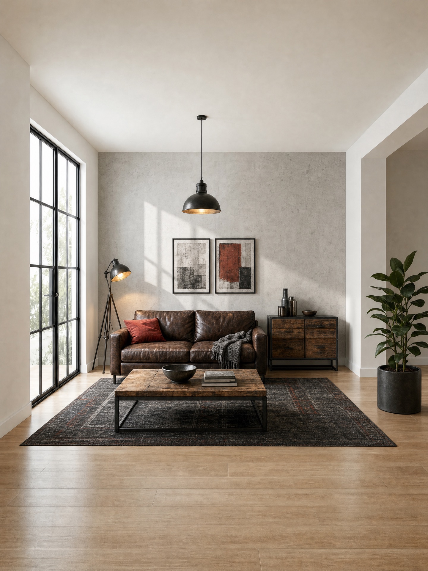 Living room in Industrial style: dark leather sofa, reclaimed wood and metal coffee table, black metal dome pendant, tripod floor lamp, concrete-look wall and a dark distressed rug
