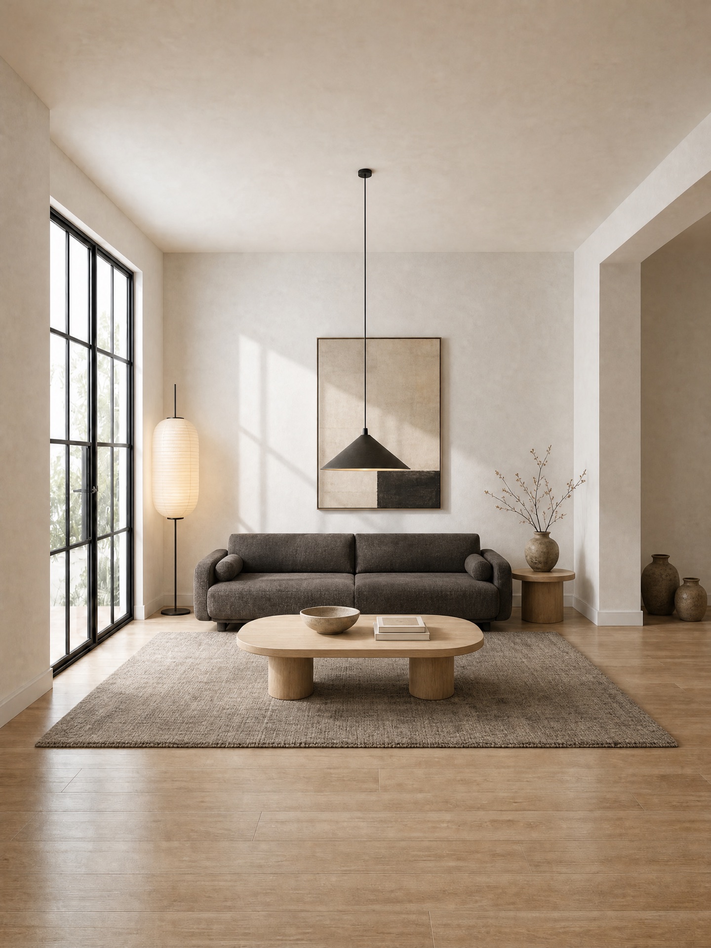 Living room in Japandi style: dark grey sofa with bolster cushions, oval oak coffee table on cylinder legs, black cone pendant, paper lantern floor lamp and a grey flat-weave rug