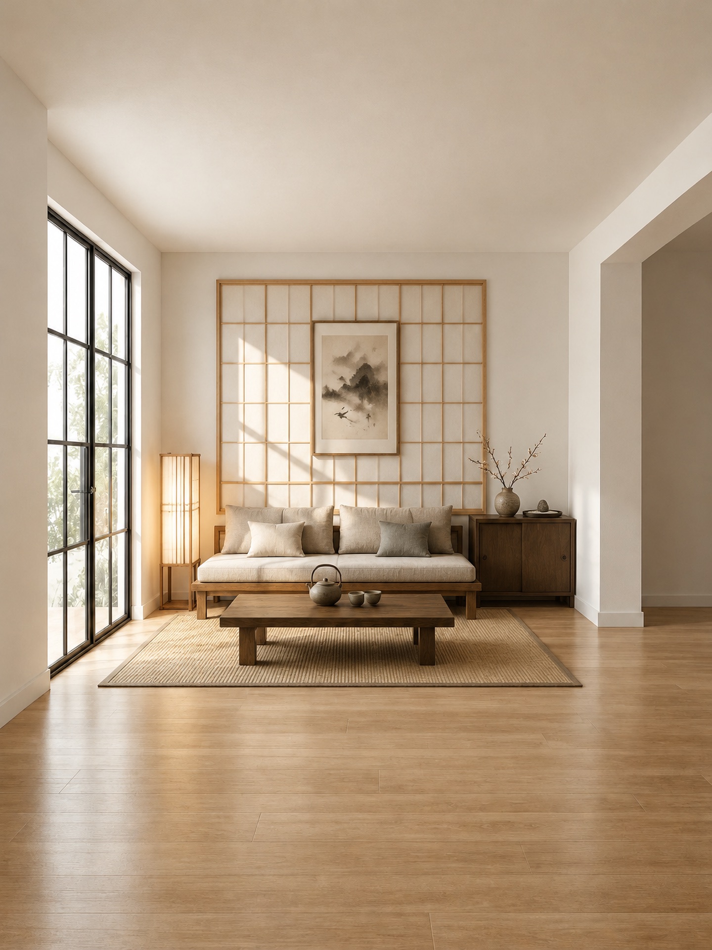 Living room in Japanese style: low cushioned platform seat, low wooden table with a tea set, lattice screen on the wall, paper floor lantern and a woven rug