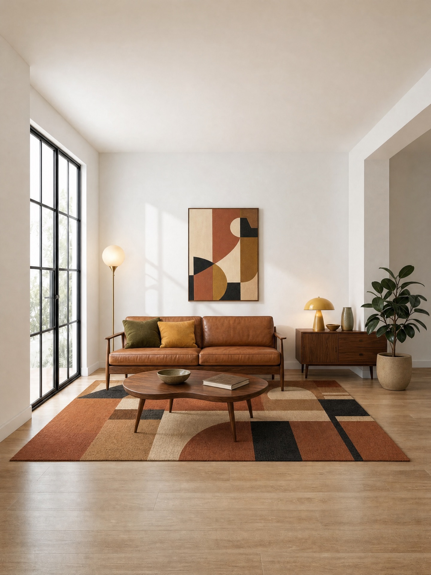 Living room in Mid-century Modern style: tan leather sofa on slim wooden legs, kidney-shaped walnut coffee table, geometric terracotta rug, brass globe floor lamp and a walnut sideboard