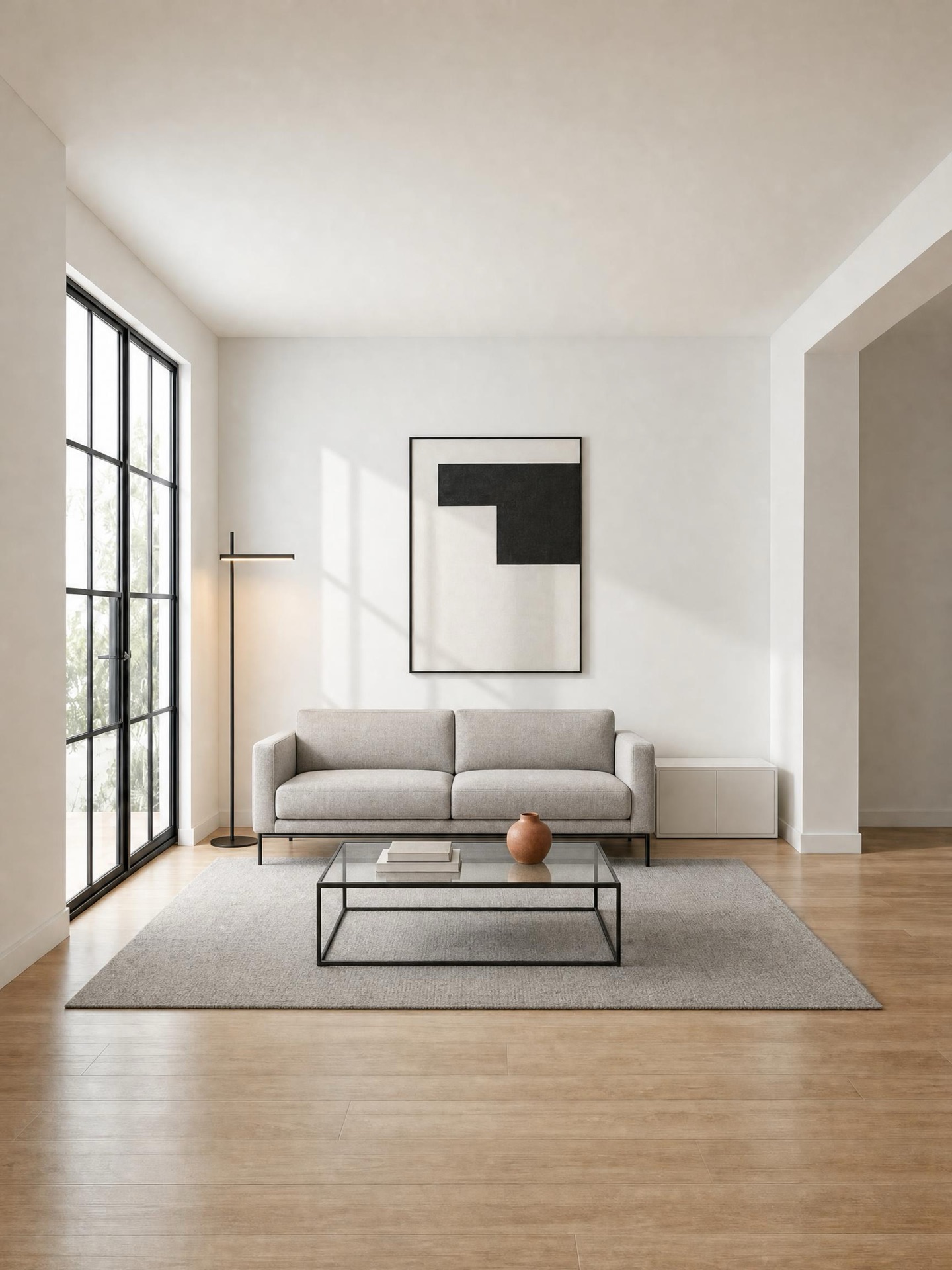 Living room in Minimalist style: low light-grey sofa, glass and black-metal coffee table, a single black-and-white print, plain grey rug and a slim black floor lamp