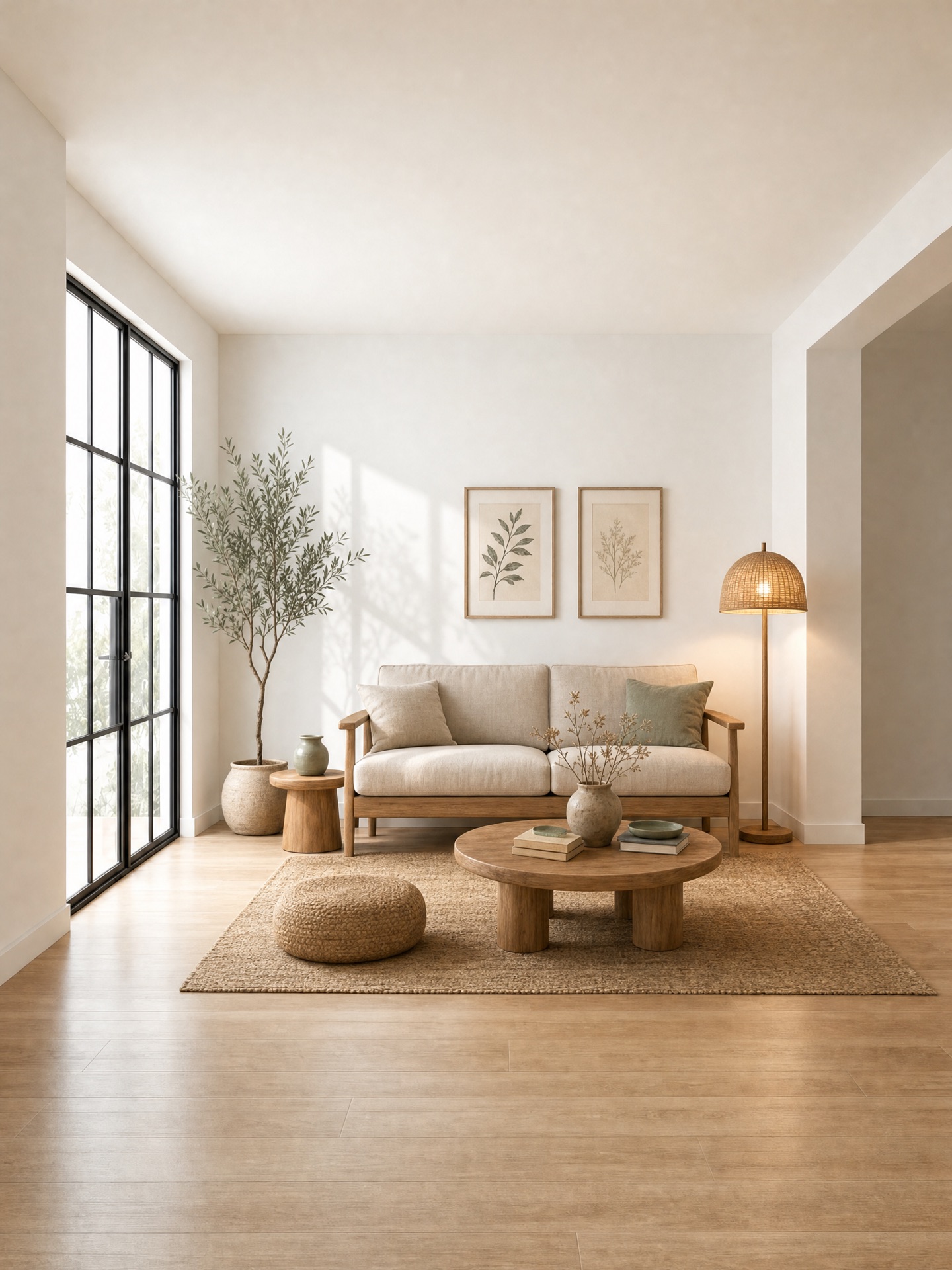 Living room in Natural wood style: wood-framed sofa with linen cushions, round wooden coffee table, woven pouf, botanical prints and a rattan floor lamp