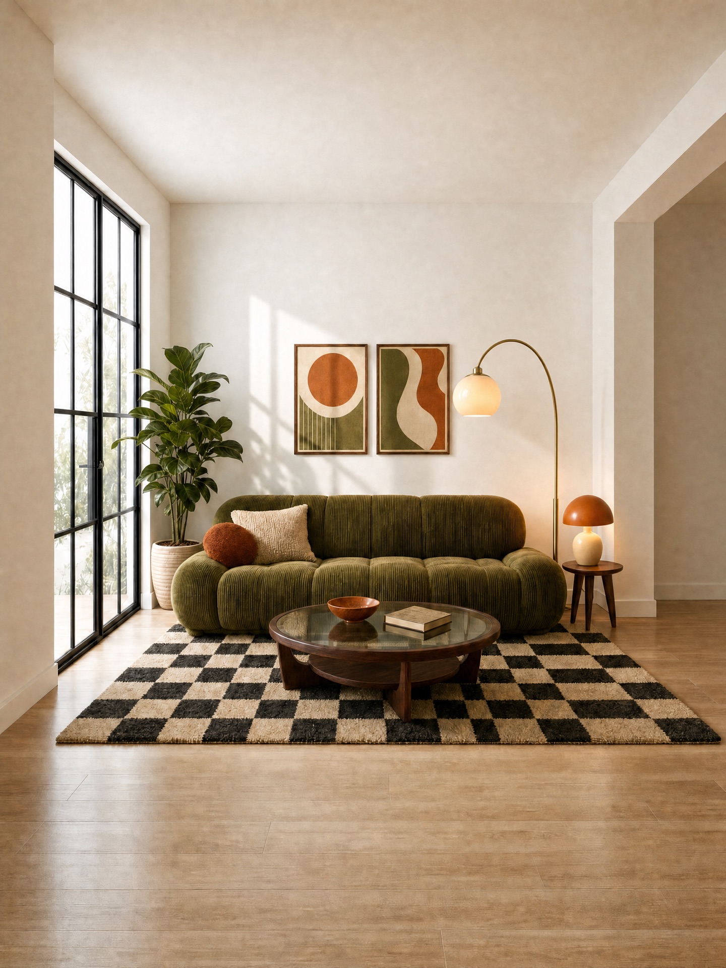 Living room in Retro 70s style: olive green channel-tufted sofa, round smoked-glass coffee table on a black and cream checkerboard rug, mushroom table lamp and an arc floor lamp