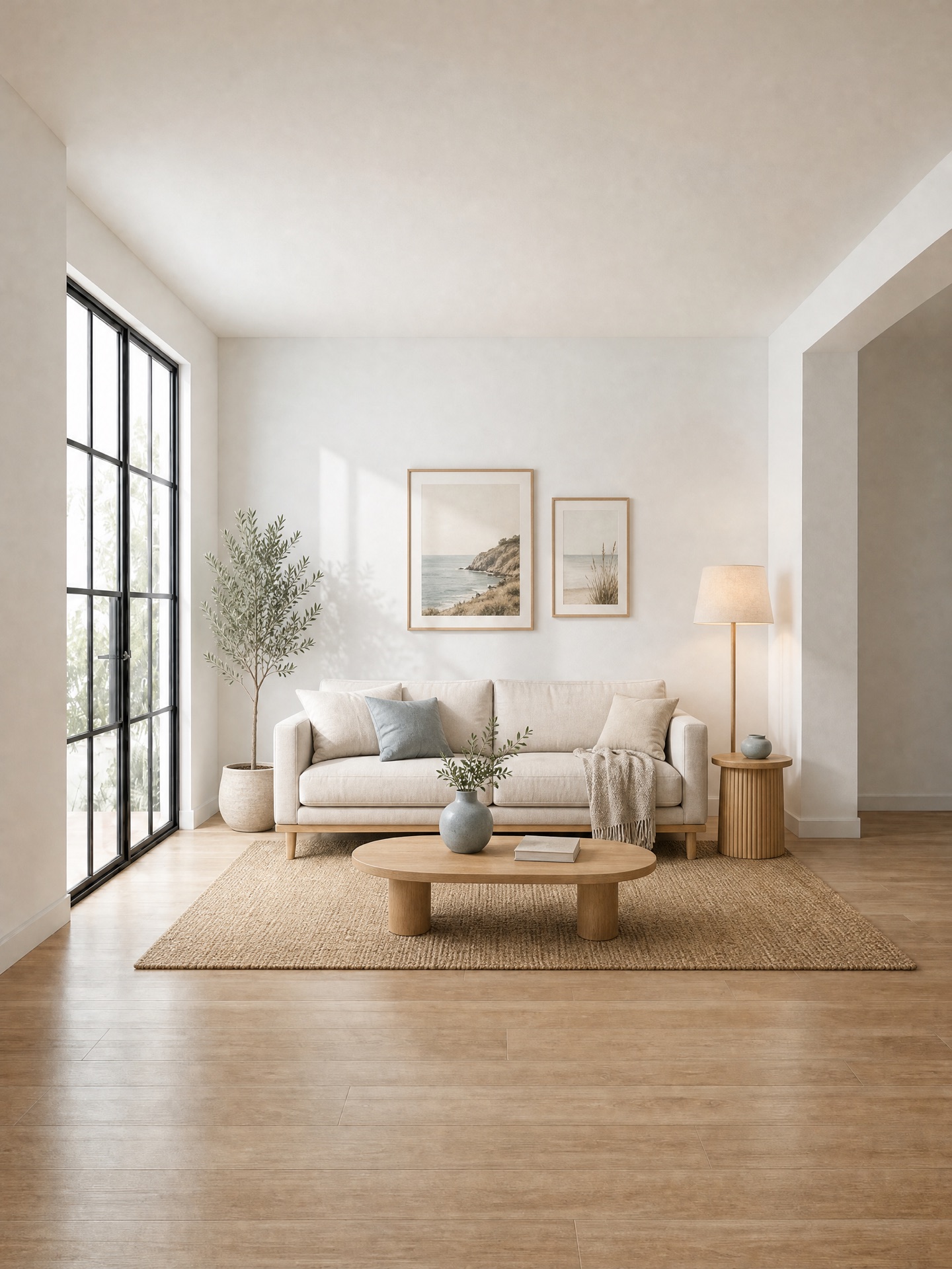 Living room in Scandinavian Light style: ivory linen sofa, pill-shaped light oak coffee table, jute rug, two coastal prints, an olive tree and a floor lamp with a linen shade