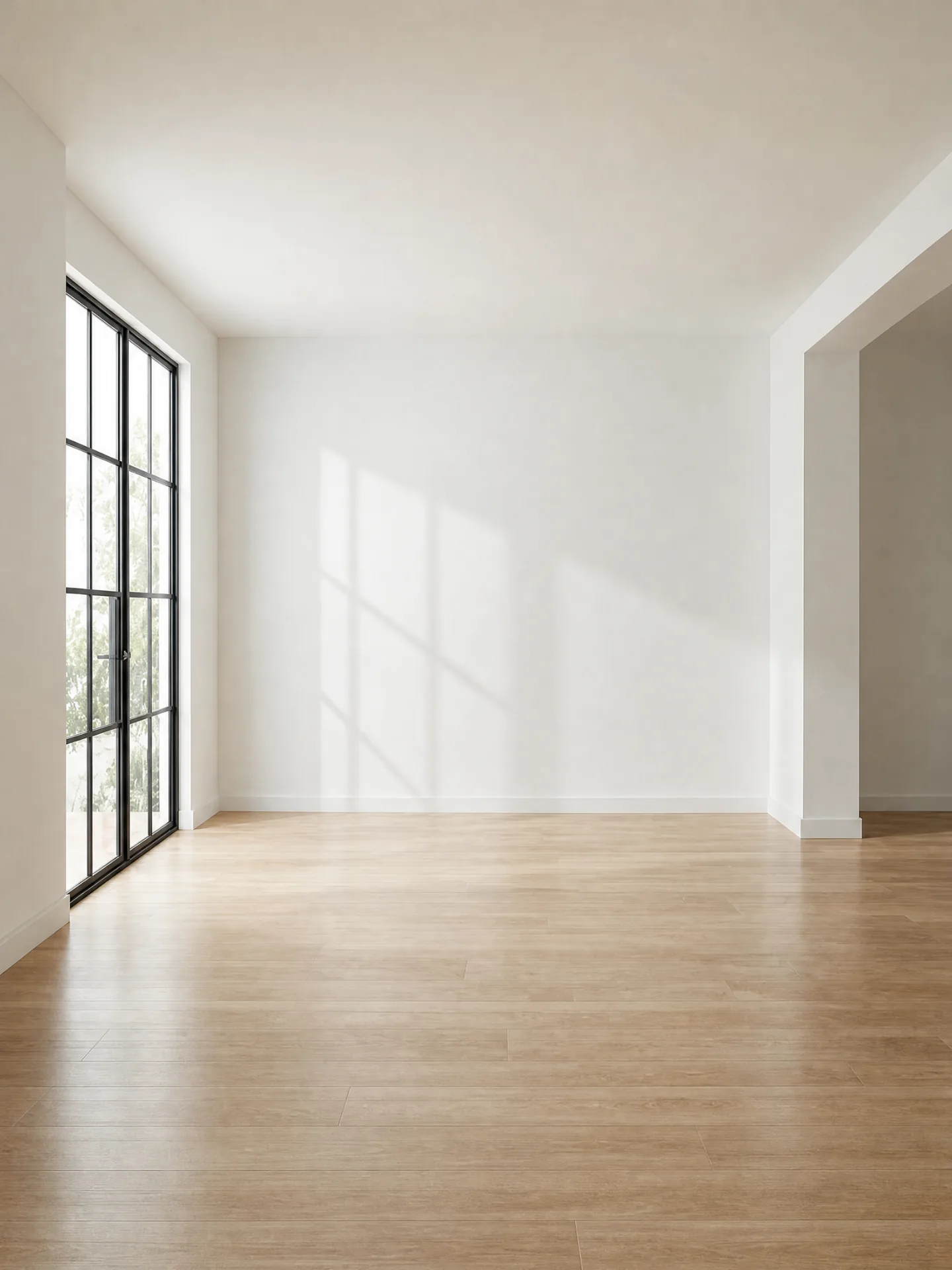 Empty living room with a black-framed floor-to-ceiling window on the left, a doorway on the right and a light oak floor