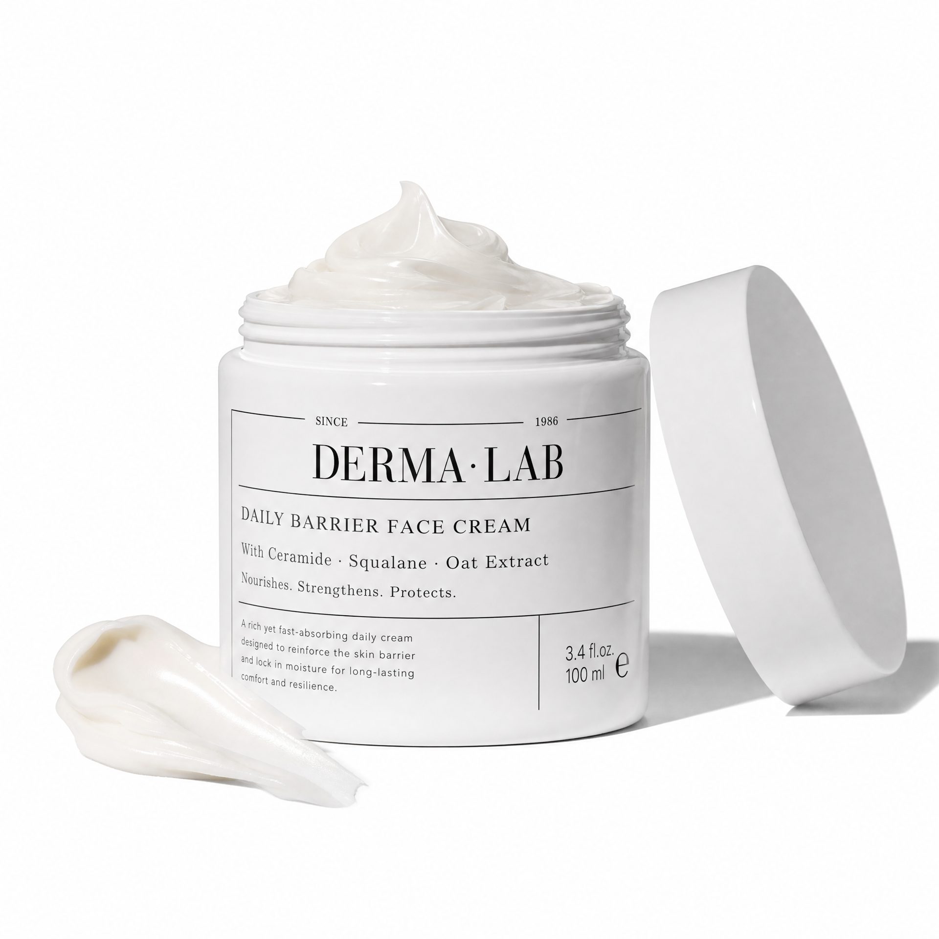 AI-generated white product photo of a fictional moisturizer jar with clean minimal packaging