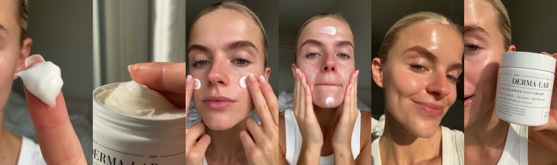 Six frames from the 15-second moisturizer UGC video at 0.8, 2.5, 5.2, 8.5, 11.5 and 14.2 seconds