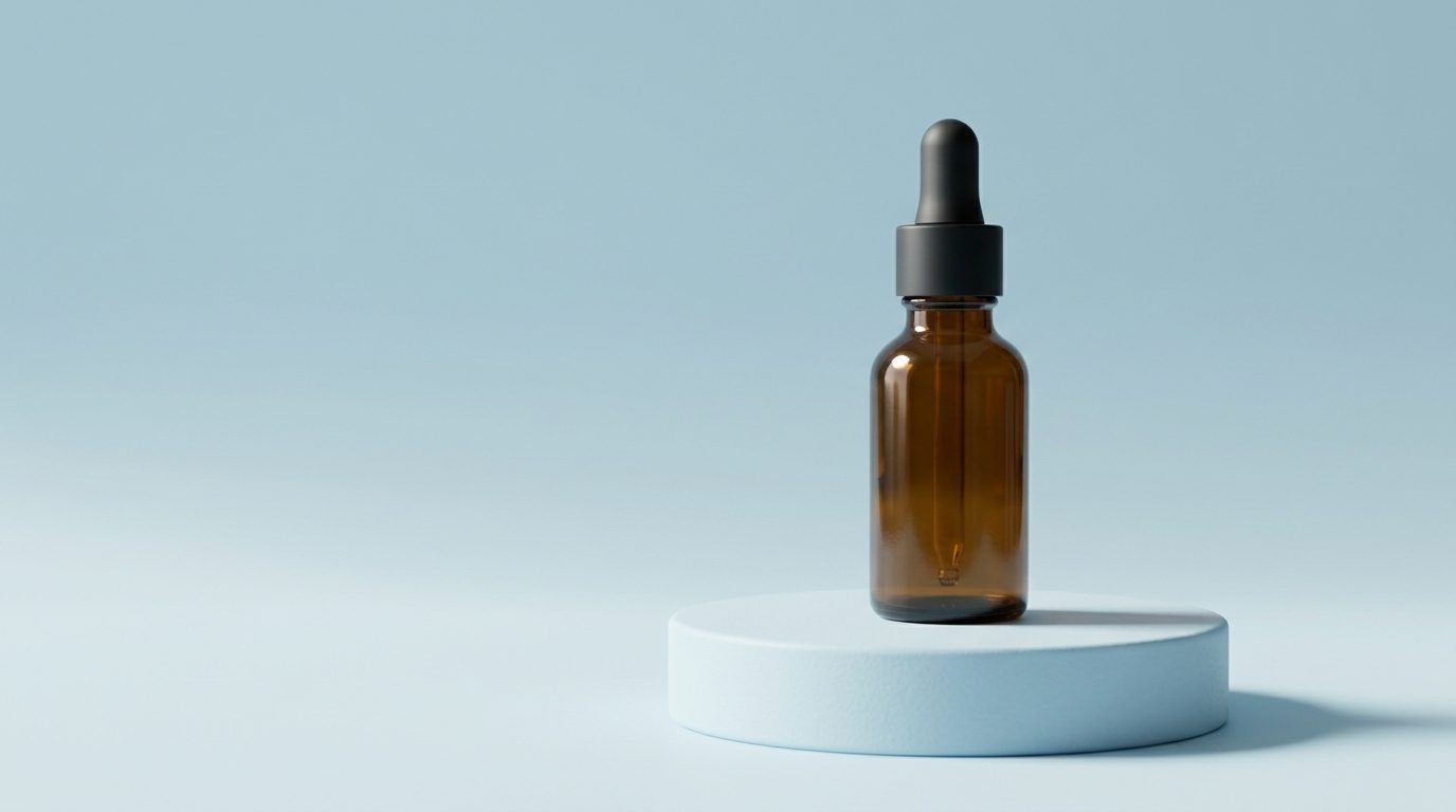 Nano Banana 2.1 output placing the same amber dropper bottle on a pale blue studio pedestal