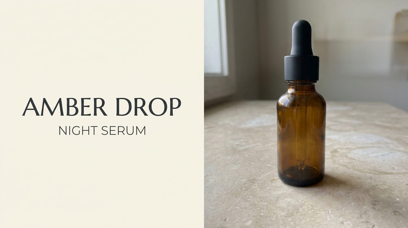 Nano Banana 2.1 output rendering AMBER DROP and NIGHT SERUM beside an amber dropper bottle