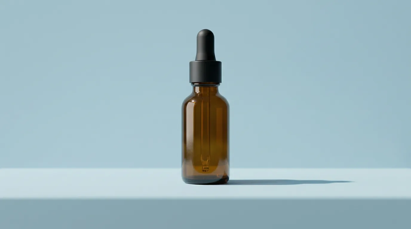 Nano Banana 2 output placing the same amber dropper bottle on a pale blue studio pedestal