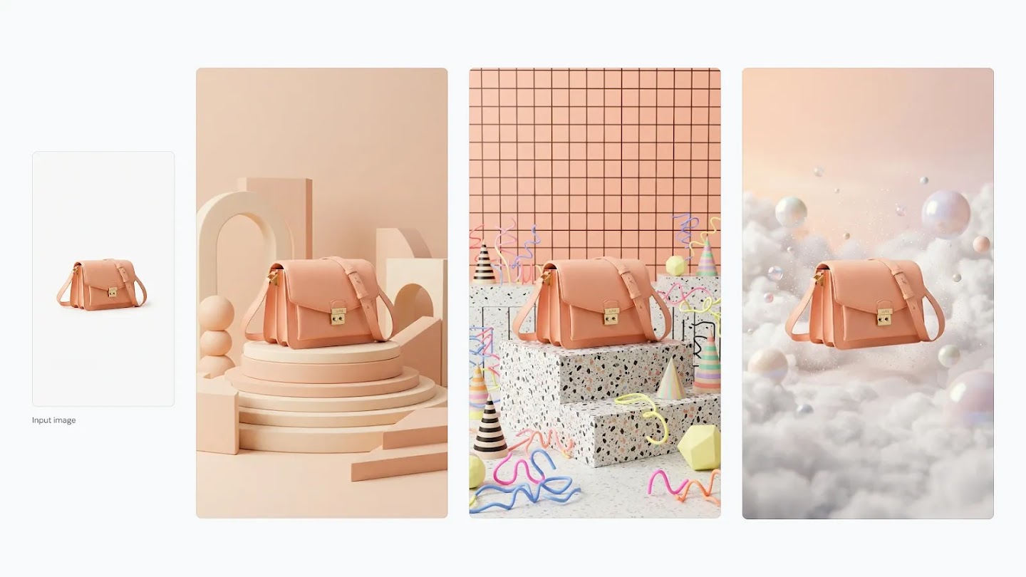 Google DeepMind Nano Banana 2.1 example showing a peach shoulder bag reference beside three generated product settings