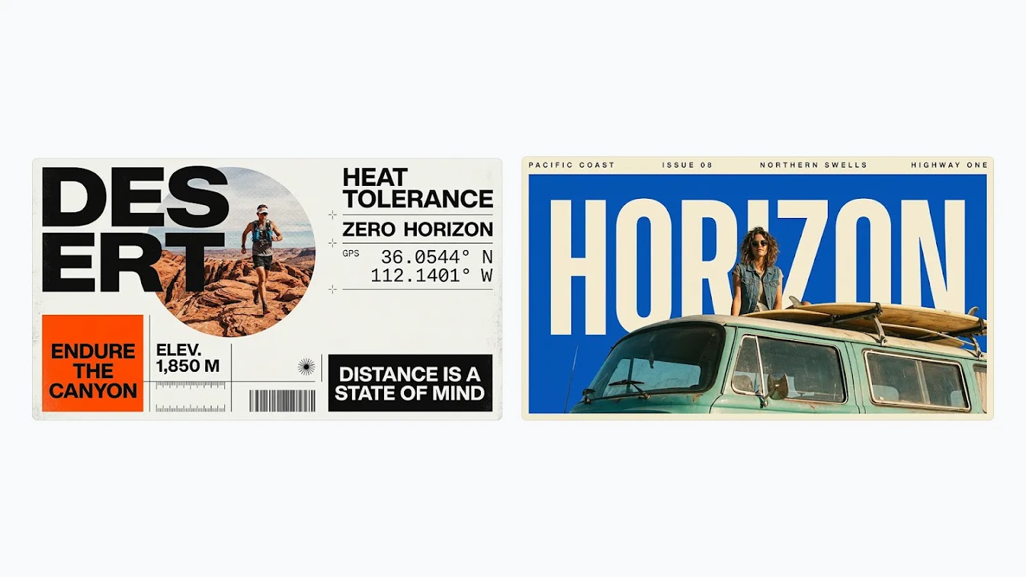 Two Nano Banana 2.1 design examples from Google DeepMind: DESERT typography and a HORIZON travel poster