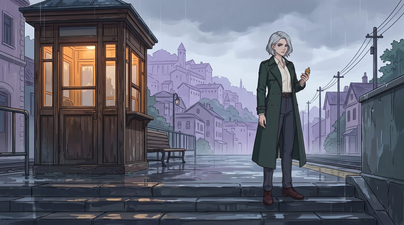 Nano Banana 2.1: Hair, coat and pocket watch all kept; she stands right of center facin