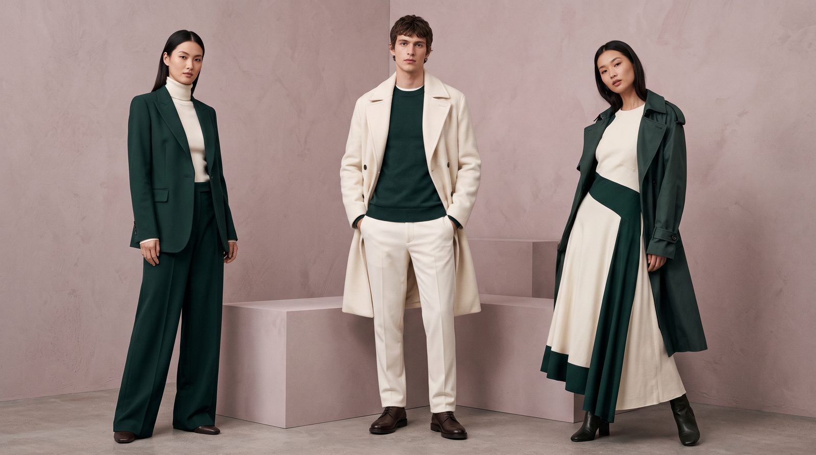 Nano Banana 2.1: Same-collection cream and dark-green outfits, unified scene and light.