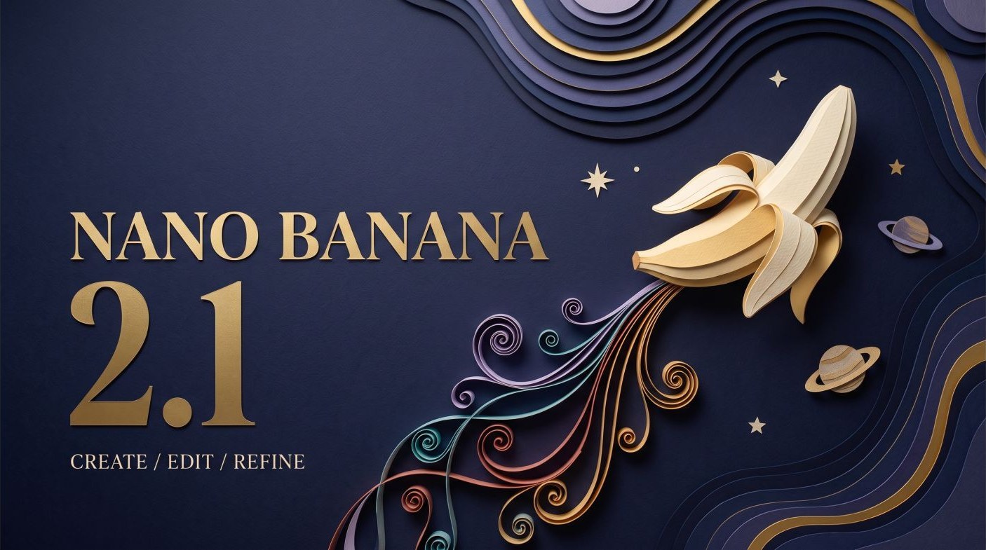 Nano Banana 2.1 paper-sculpture and quilling cover: gold title and a peeled paper banana on an indigo background