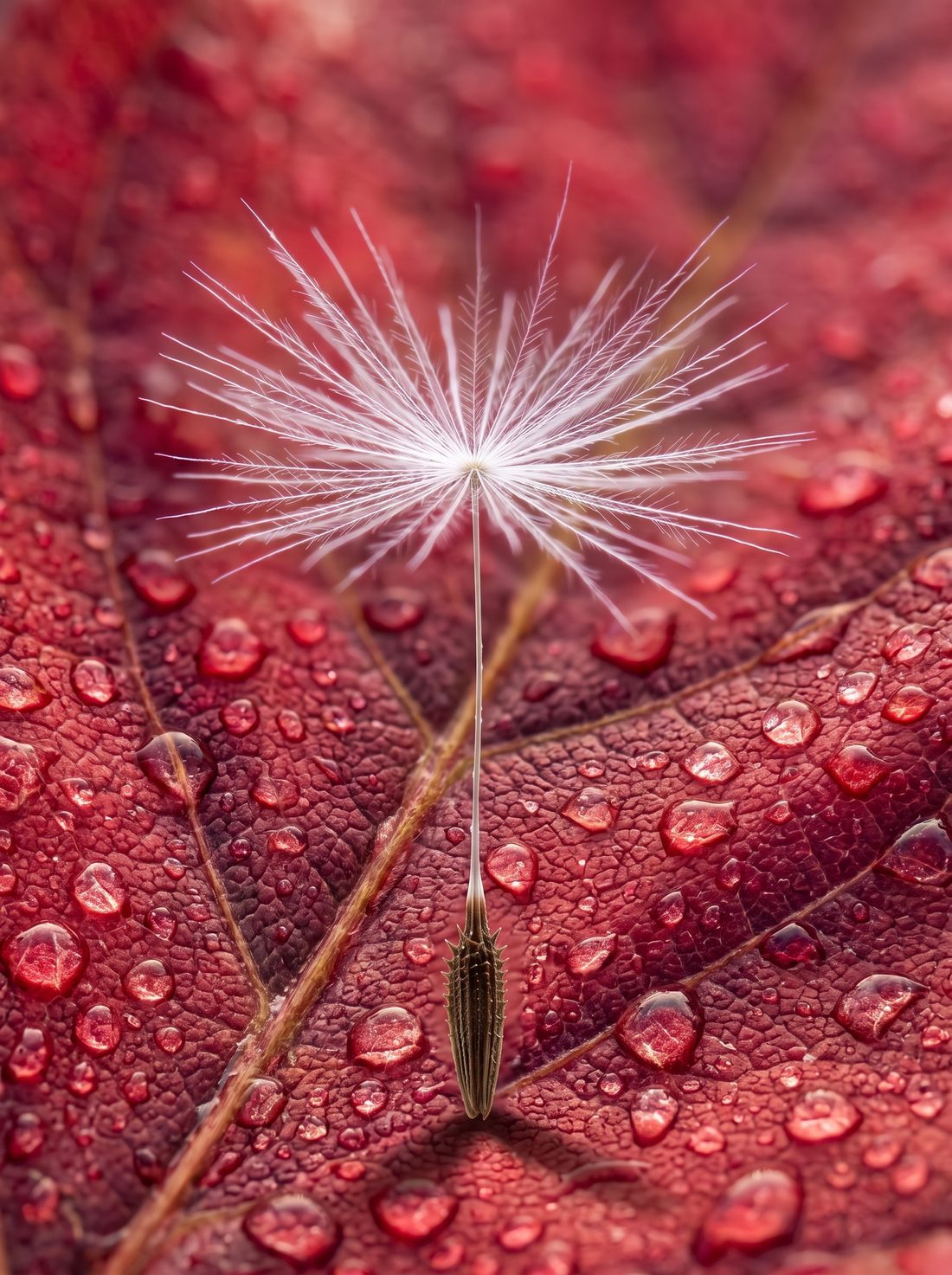 Nano Banana 2.0: Seed position unchanged; the background became a dew-covered red leaf.