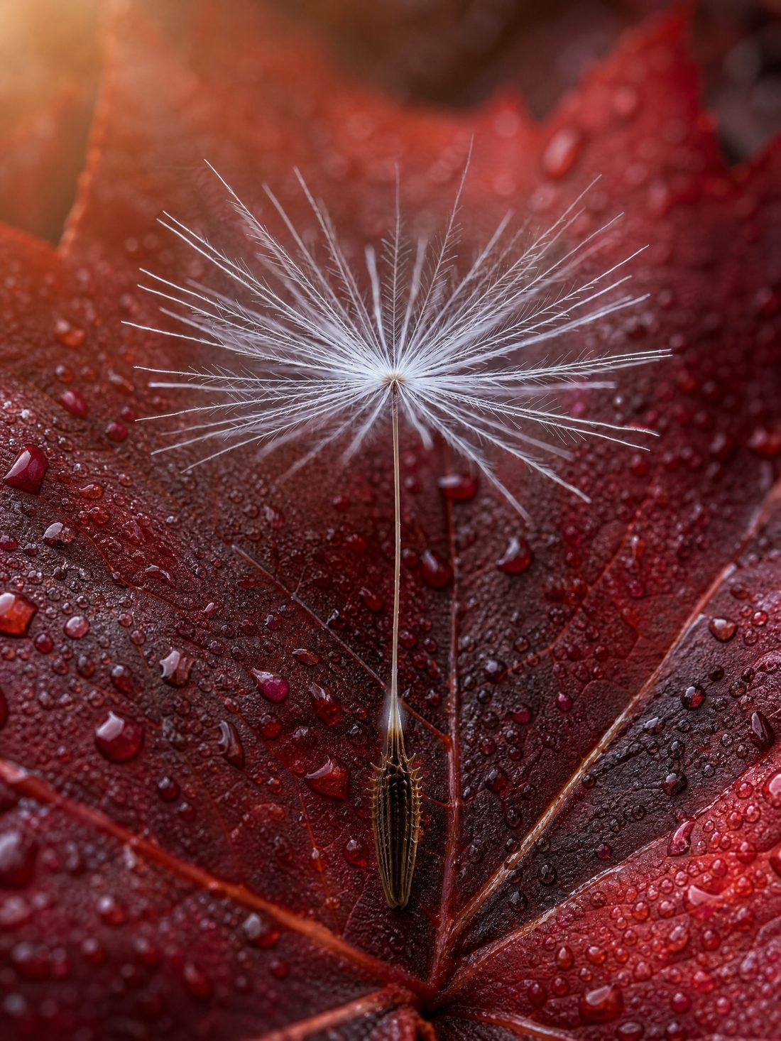 GPT Image 2: Darker background, red leaf with warm bokeh, pappus detail preserved.
