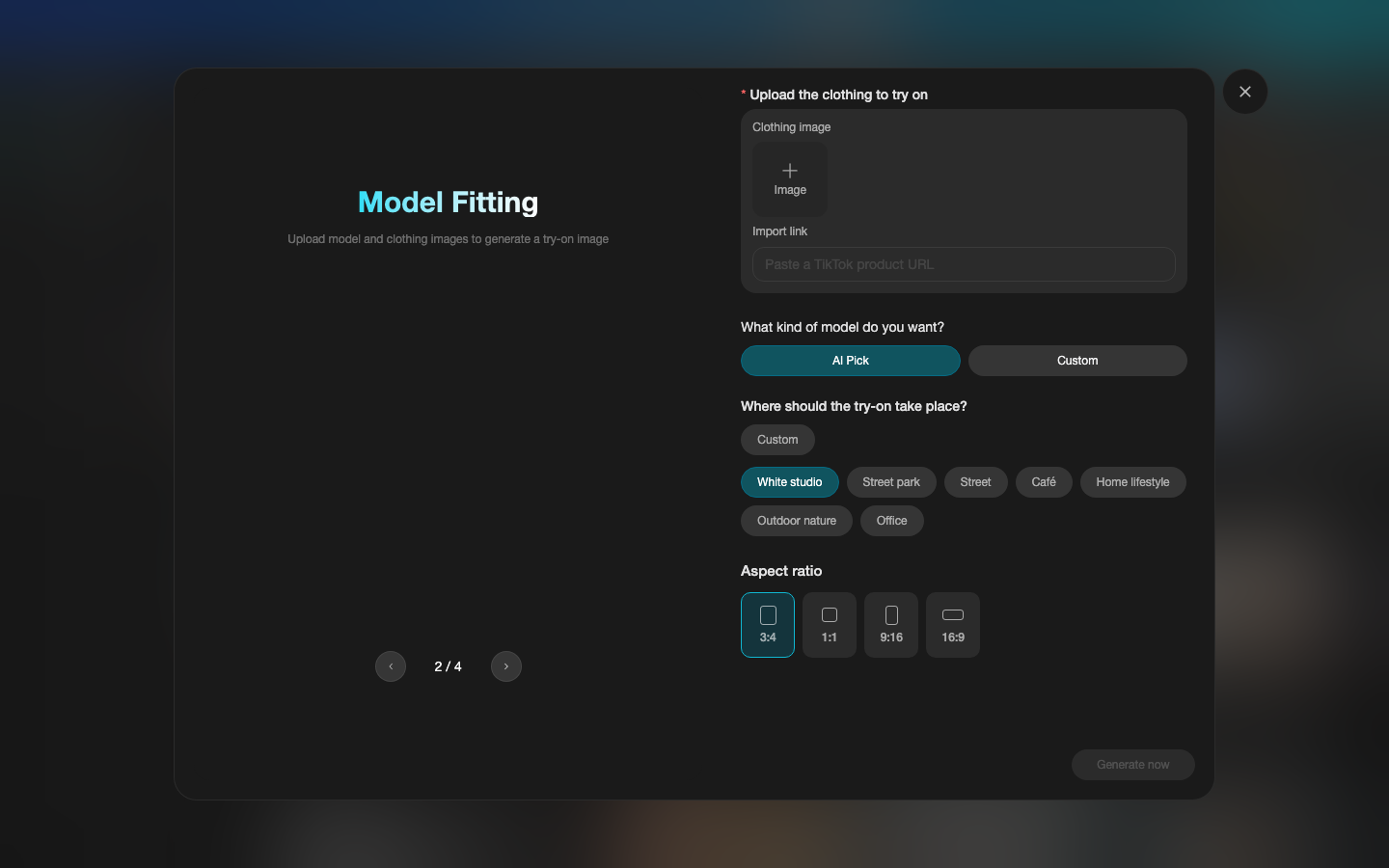 Ima Studio Model Fitting form showing the clothing upload, model choice, scene, and aspect ratio