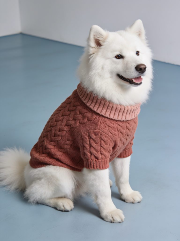 AI concept: Samoyed wearing a terracotta cable-knit pet sweater in a studio