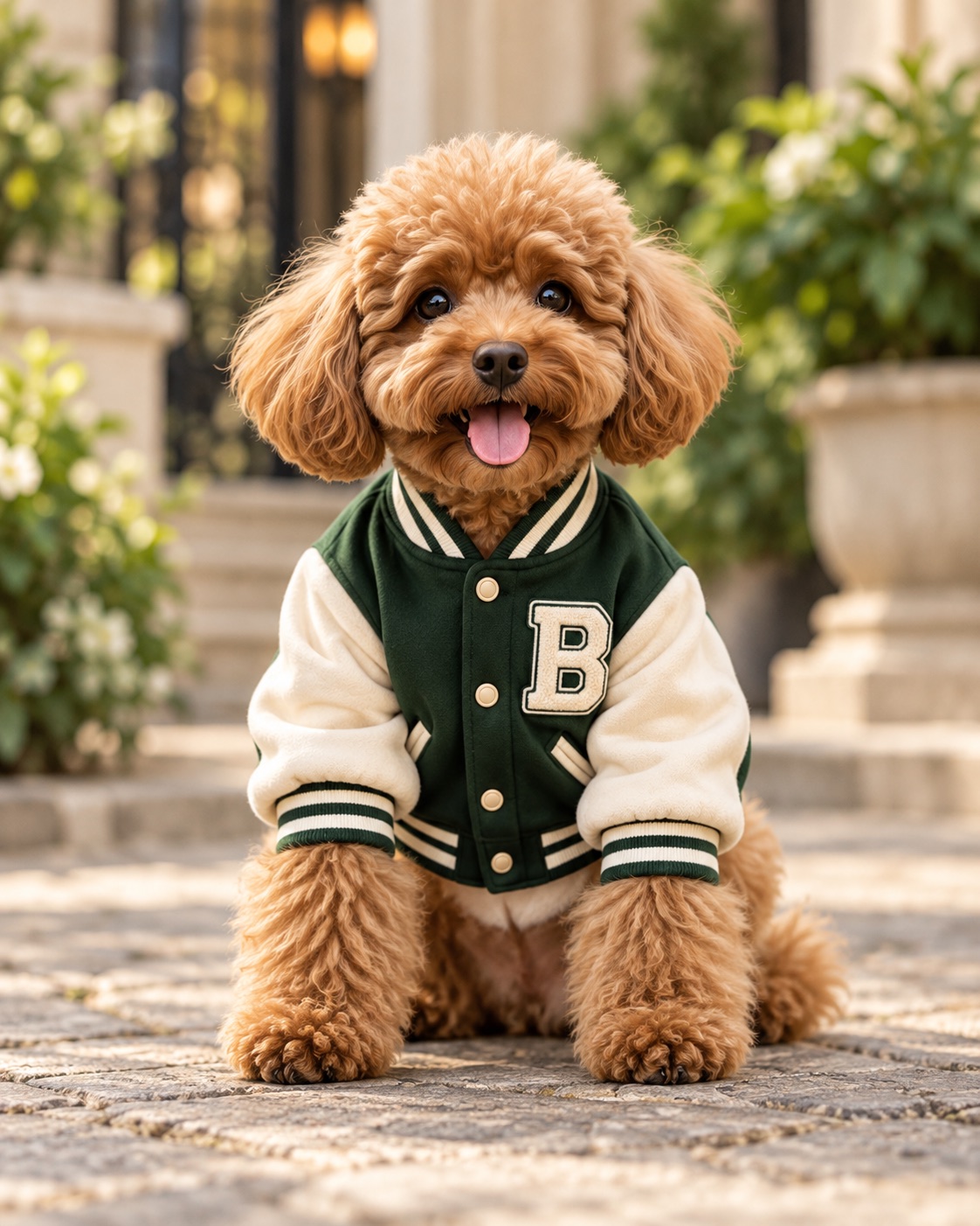 AI concept of a curly brown poodle in a forest-green varsity jacket outdoors