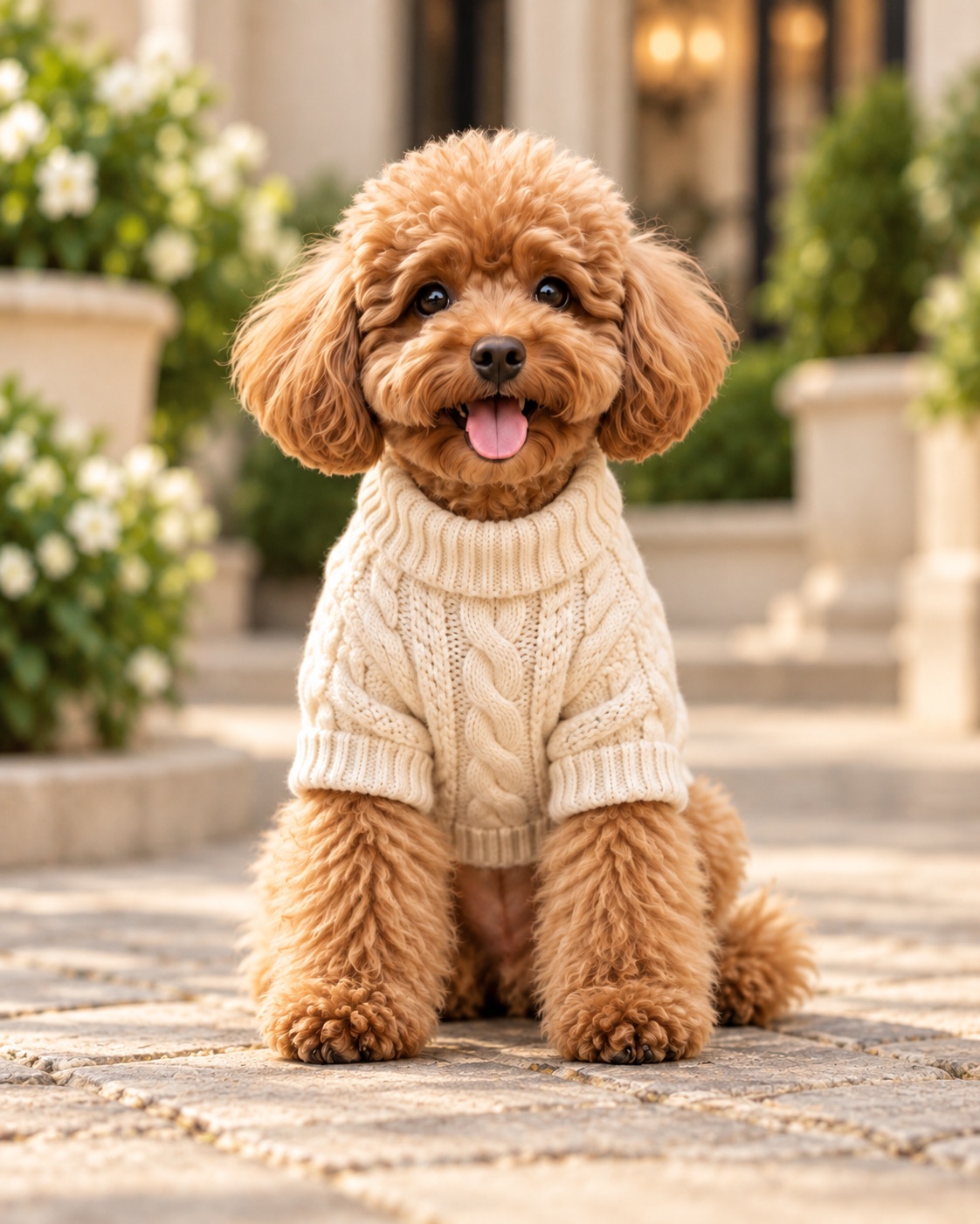 AI concept of a brown poodle in a cream cable-knit sweater