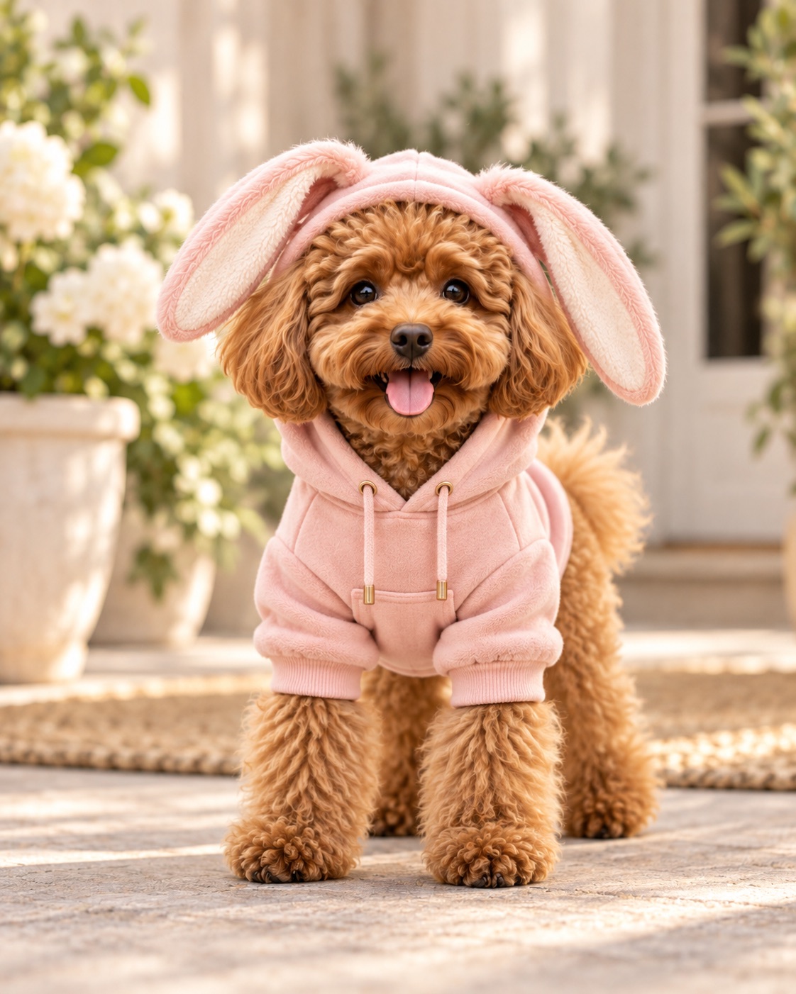 AI concept of a brown poodle in a pink bunny-ear hoodie