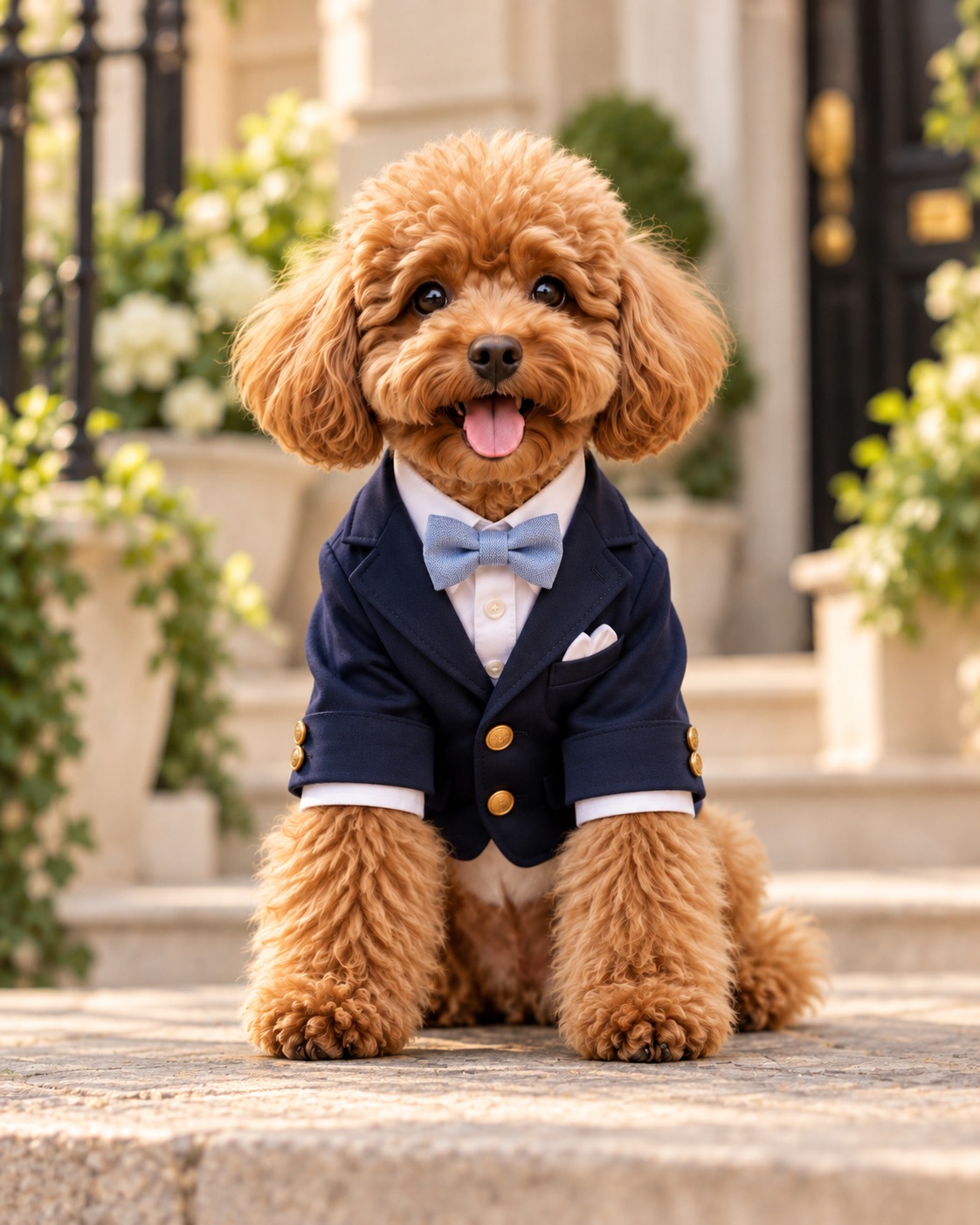 AI concept of a brown poodle in a navy jacket and blue bow tie