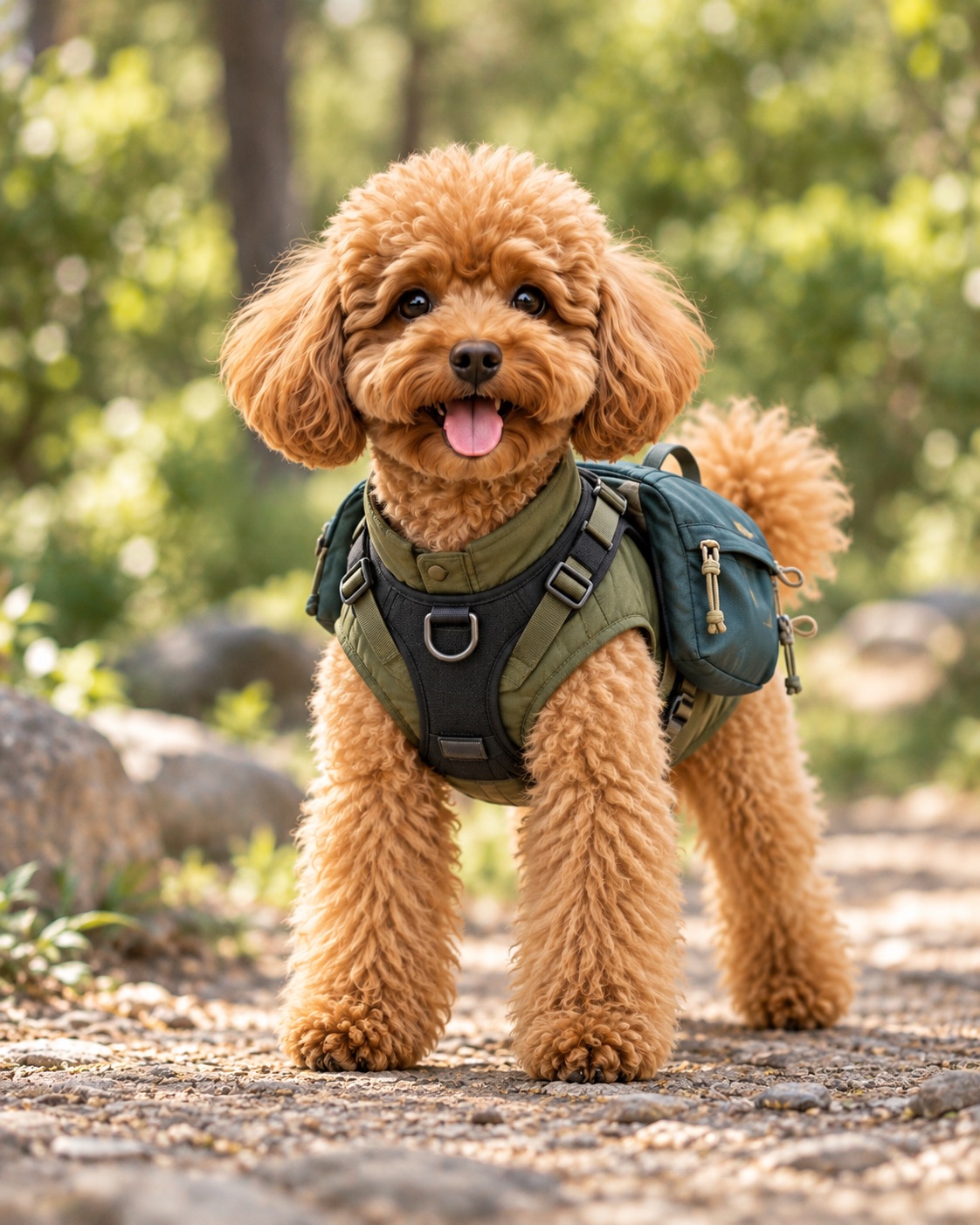 AI concept of a brown poodle in an olive harness and small backpack