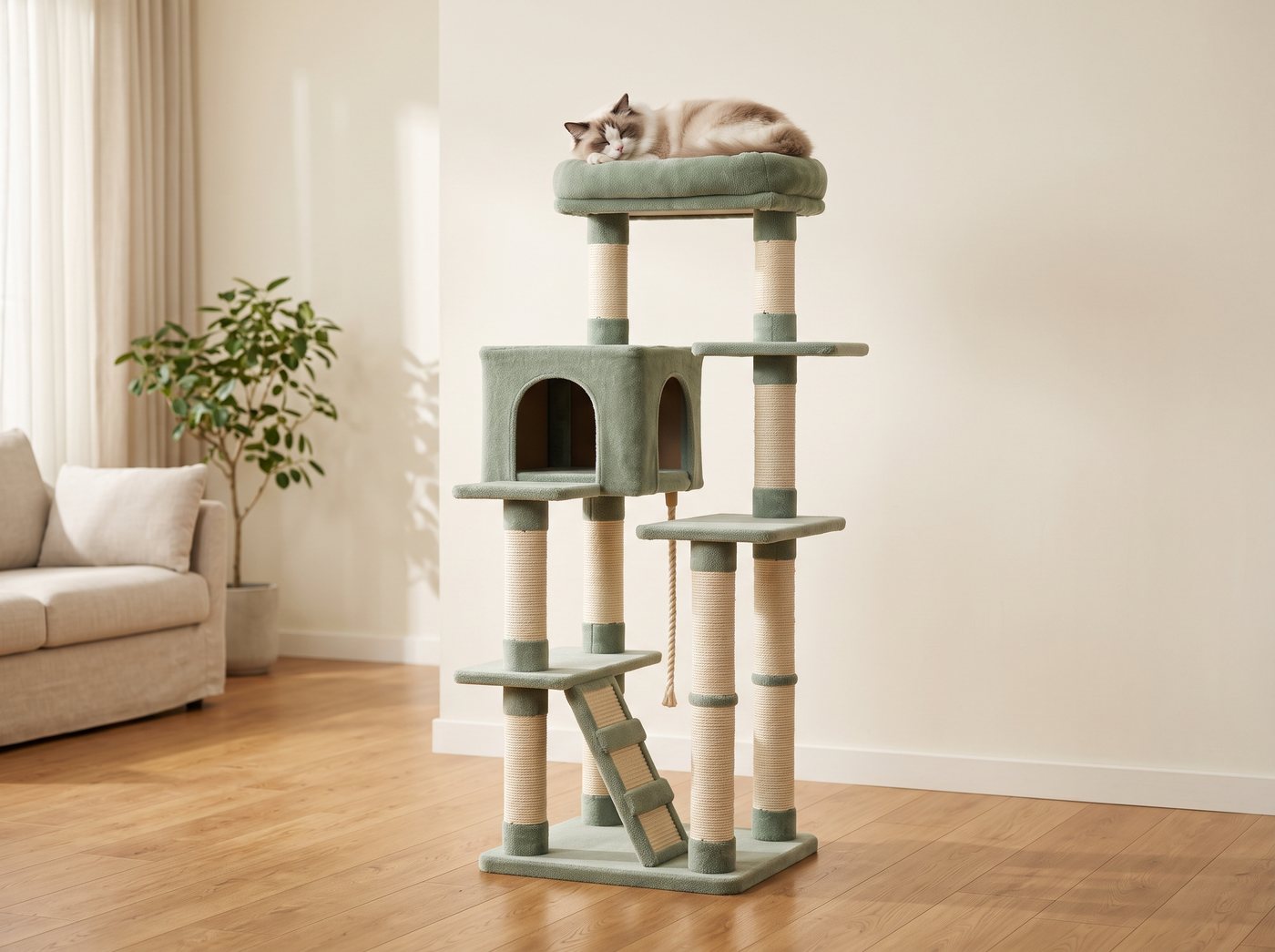 A whole sage-green cat tree in a bright living room, with a cat on the top platform