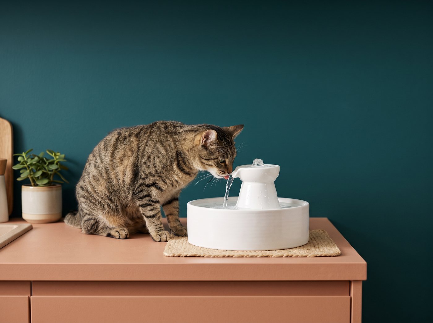 A tabby near a white fountain, with a visible stream against a teal wall