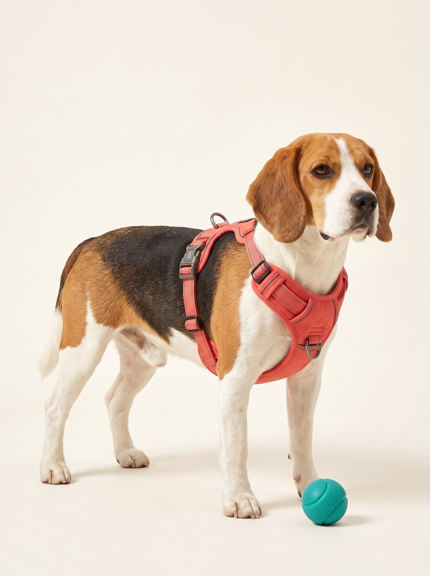 A beagle wearing a coral harness, with panels, straps and buckles visible