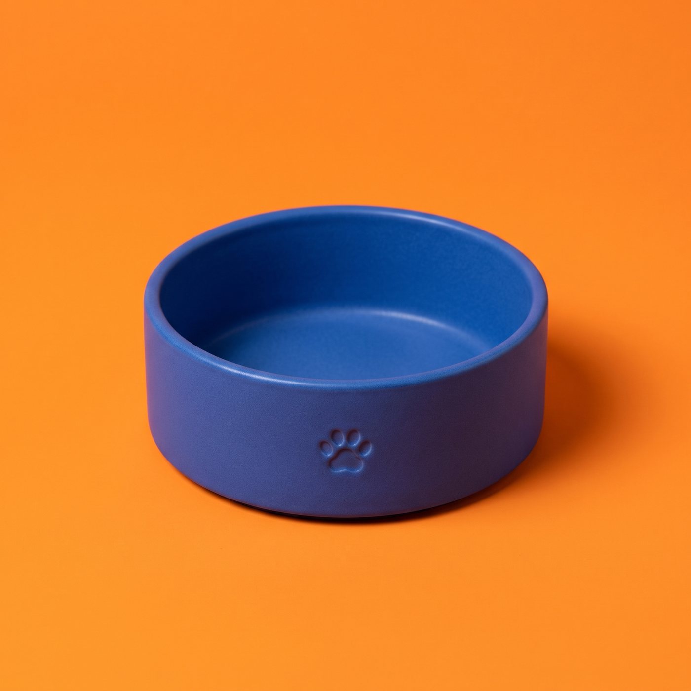 A cobalt ceramic pet bowl against an orange background