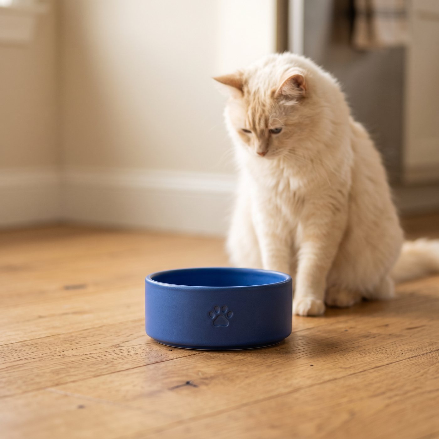 A cream cat behind a blue bowl on a warm wooden floor