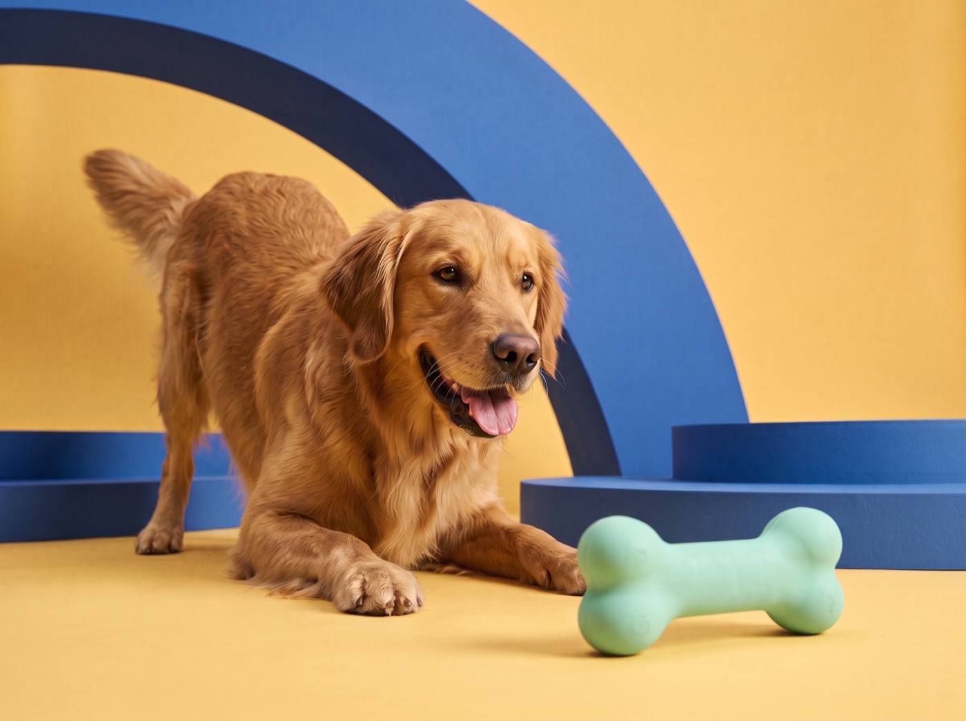 A playful golden retriever and mint toy in a cobalt geometric arch and warm yellow campaign set